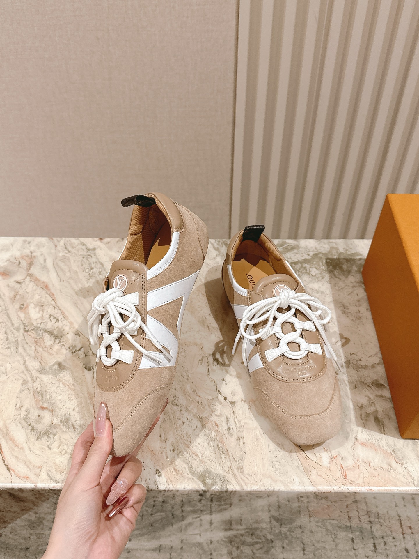 Louis Vuitton Beige Suede Sneakers with White Laces