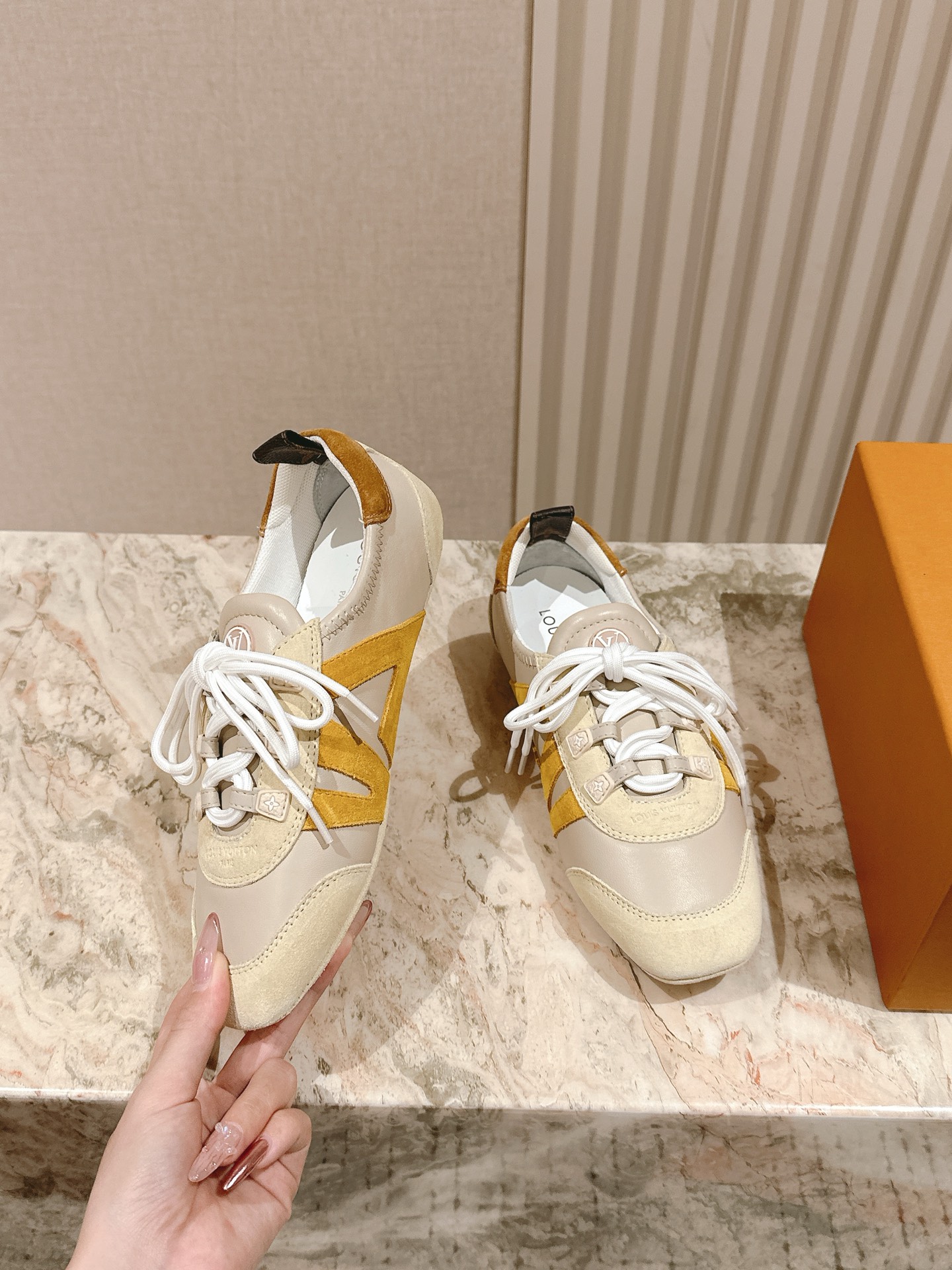 Louis Vuitton Beige White Trainer Sneakers with Monogram Detail