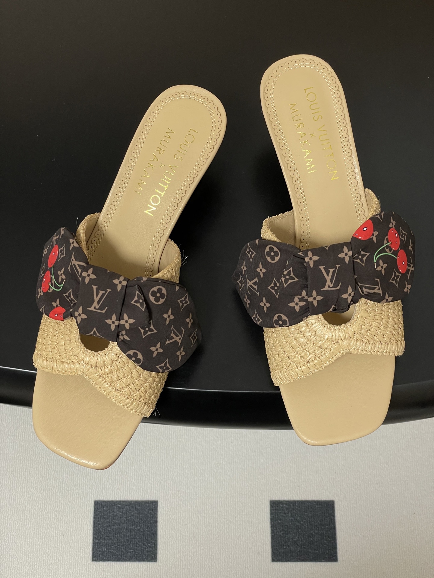 Louis Vuitton Beige Woven Heel Sandals with Monogram Cherry Bow
