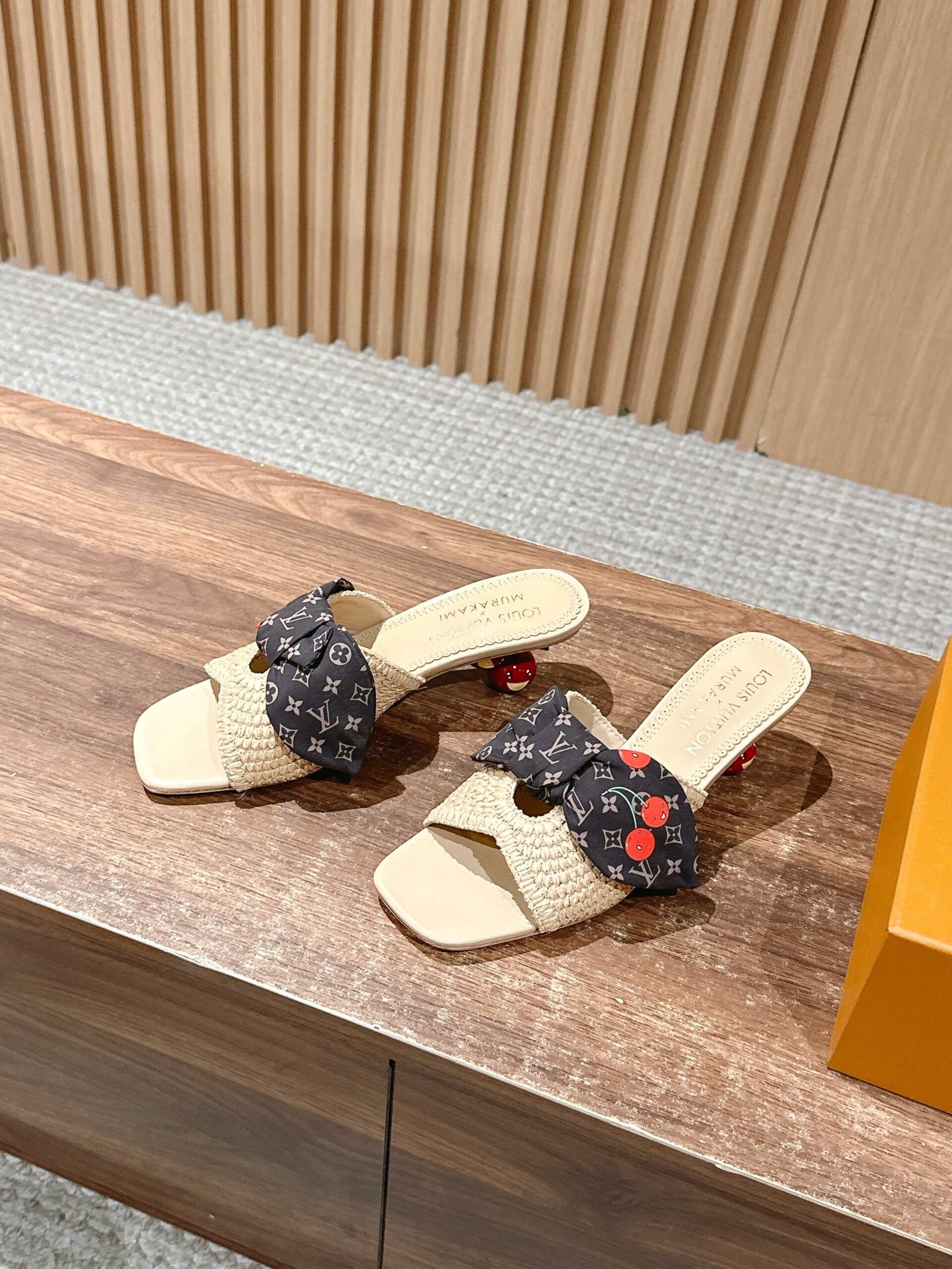 Louis Vuitton Beige Woven Slide Sandals With Monogram Bow