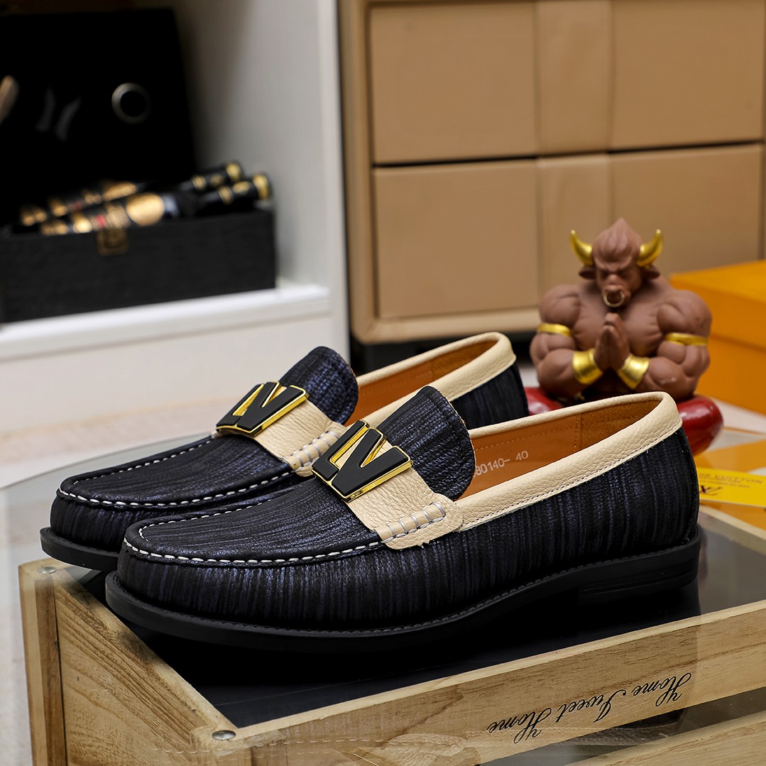 Louis Vuitton Black and Beige Leather Loafers with LV Metal Logo â€“ Menâ€™s Shoes