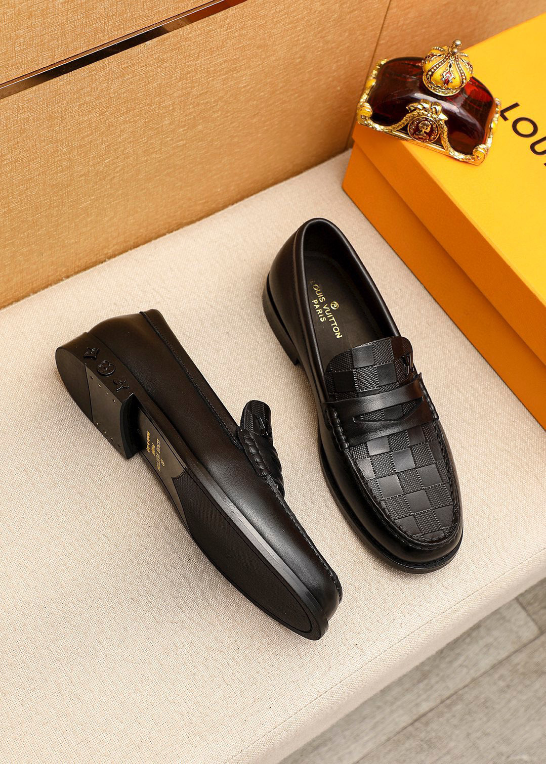 Louis Vuitton Black Calf Leather Damier Loafers