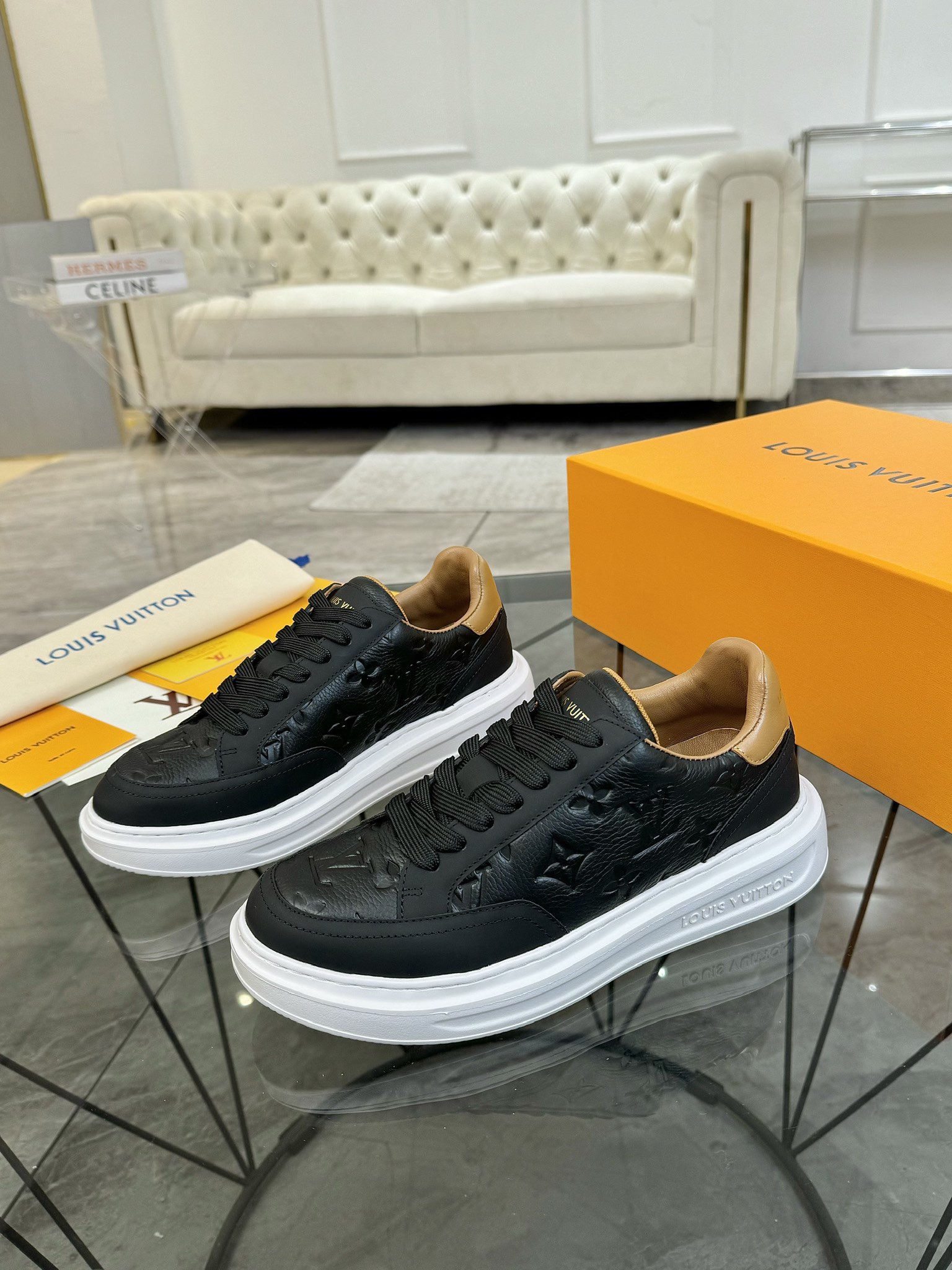 white LV Black Embossed Leather Sneakers - LV Black Embossed Leather