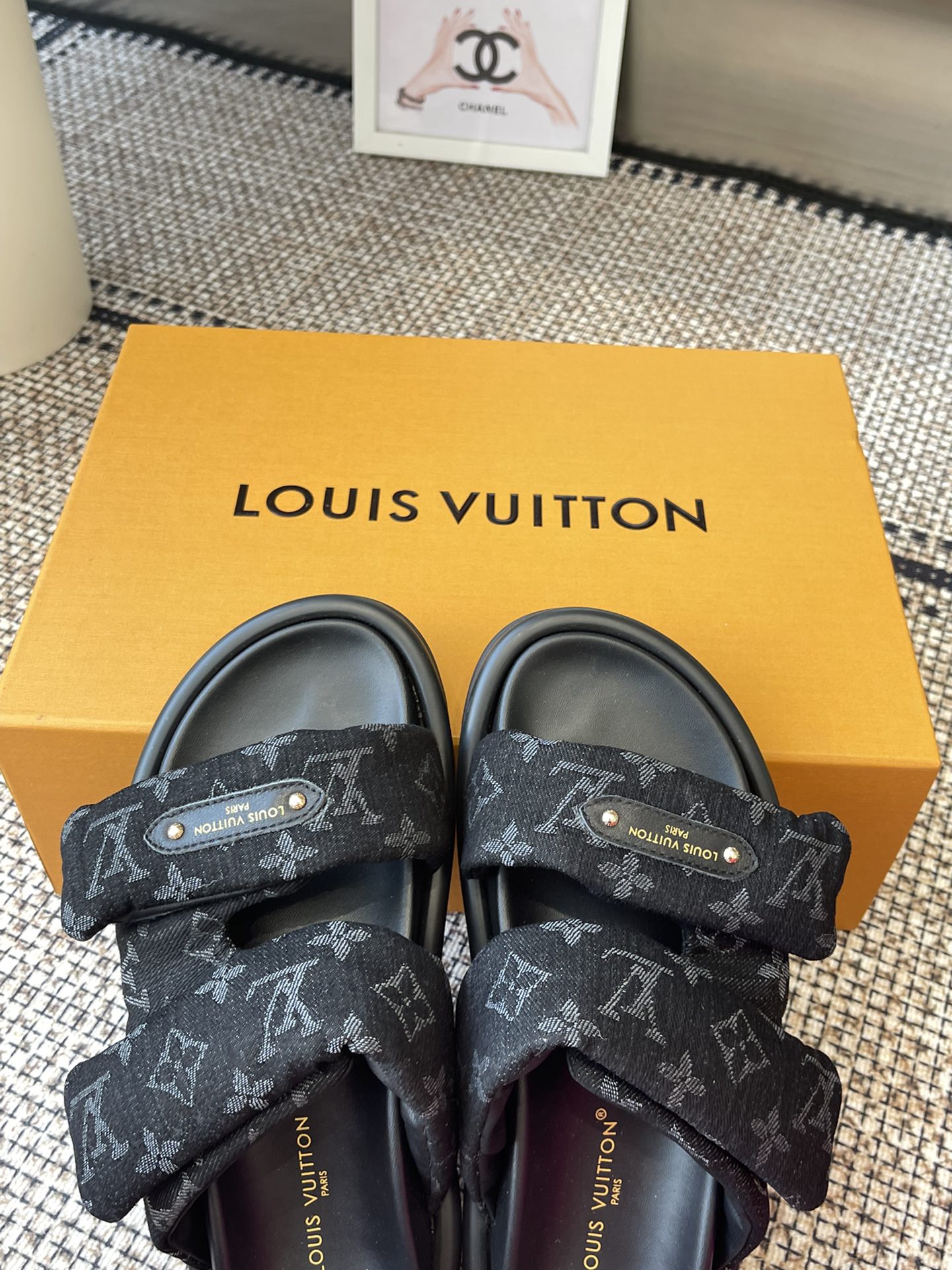 Louis Vuitton Black Denim Monogram Strap Sandals â€“ Unisex Casual Slides