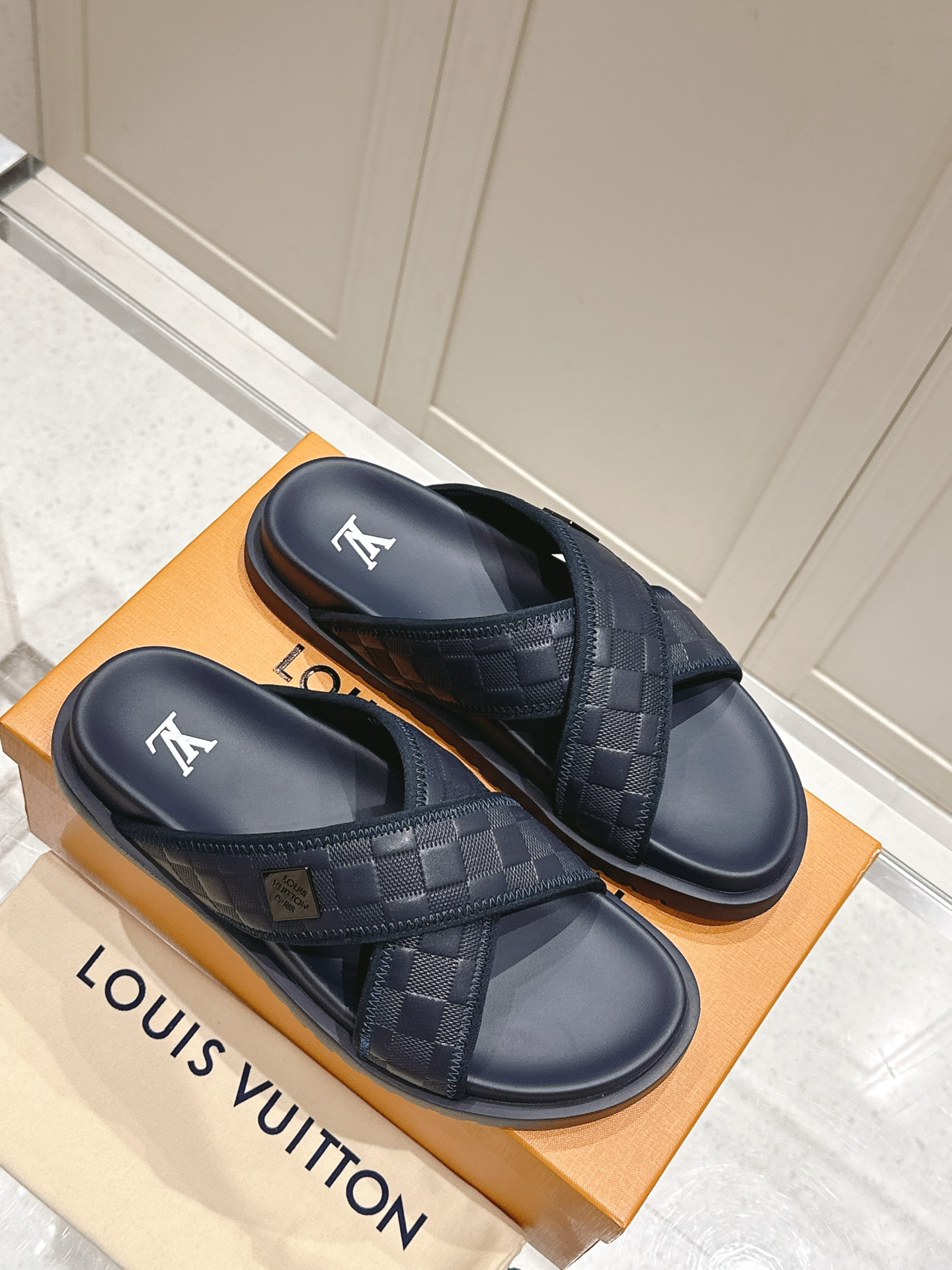 Louis Vuitton Black Leather Cross Strap Slides for Men