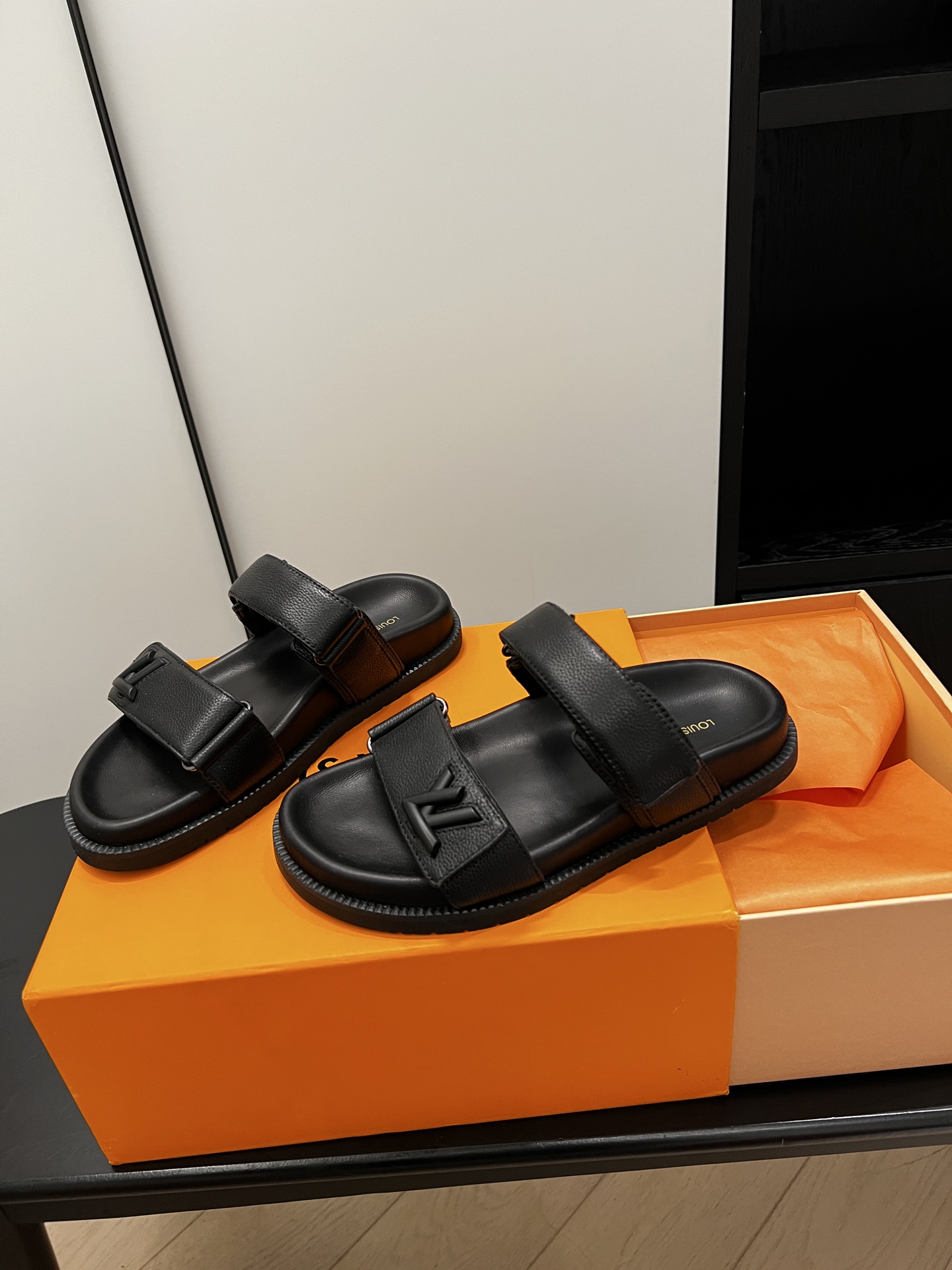 Louis Vuitton Black Leather LV Buckle Sandals