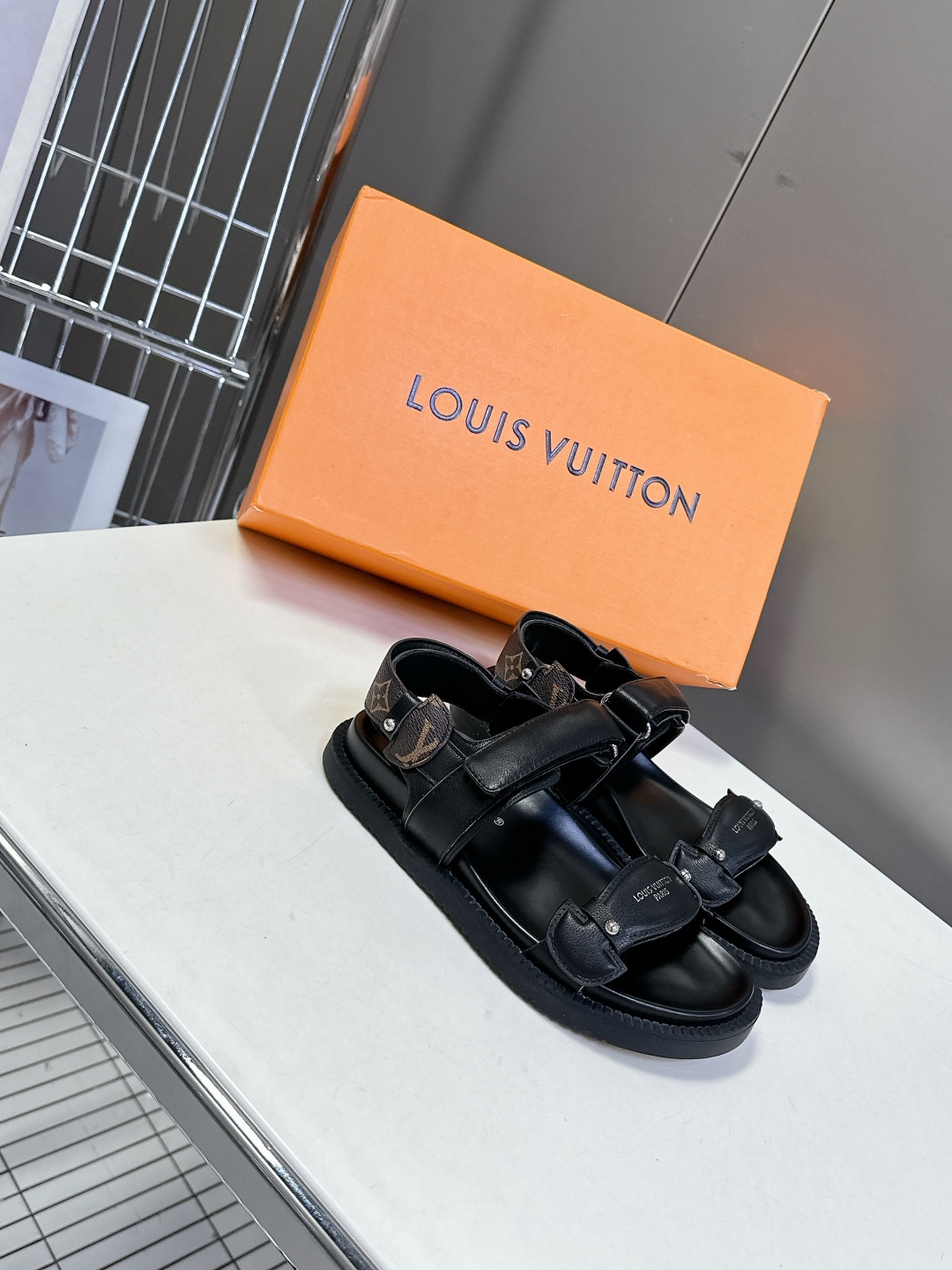 Louis Vuitton Black Leather Sandals with Adjustable Straps