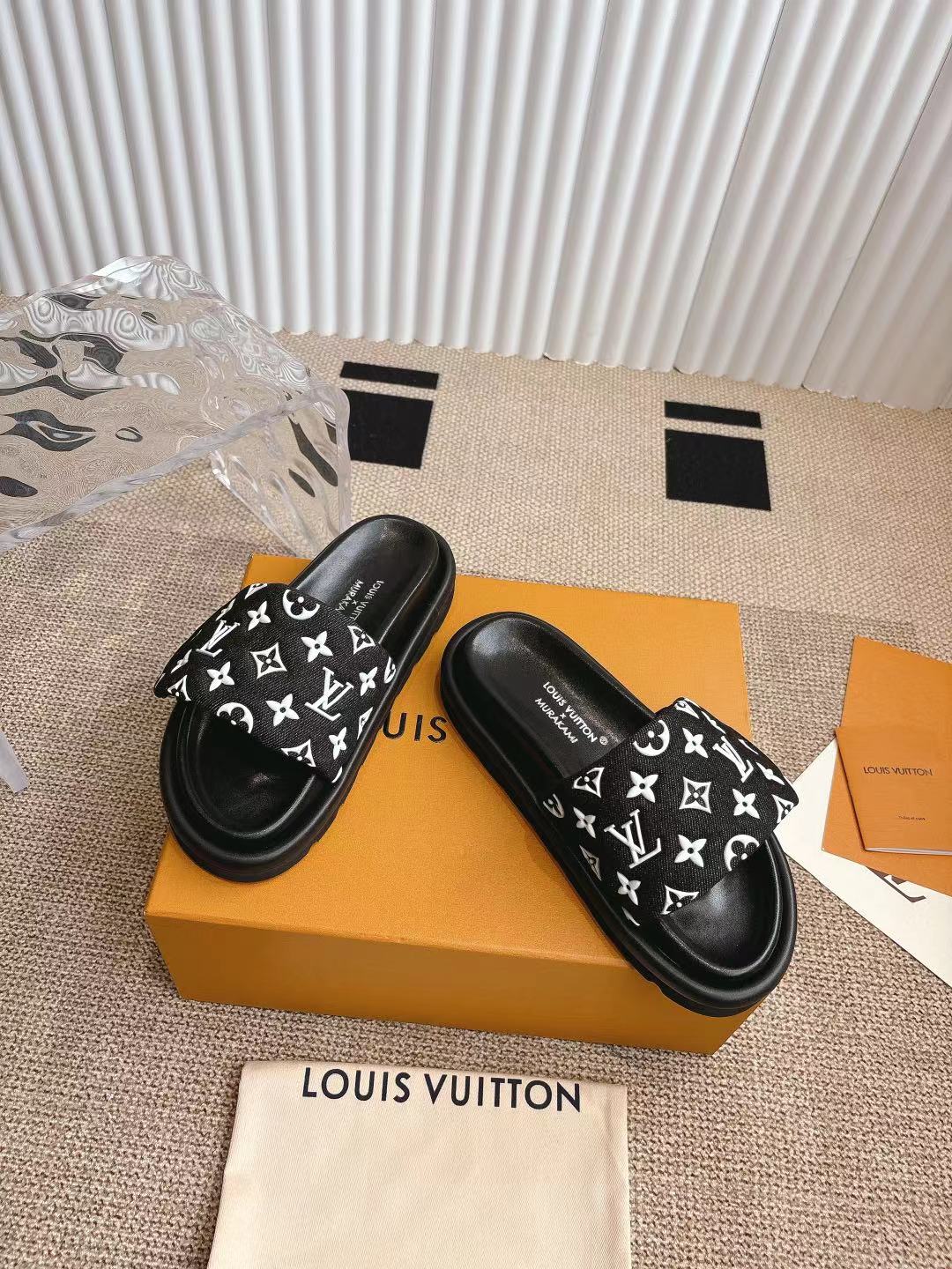 Louis Vuitton Black Monogram Canvas Slide Sandals â€“ Comfortable Rubber Sole