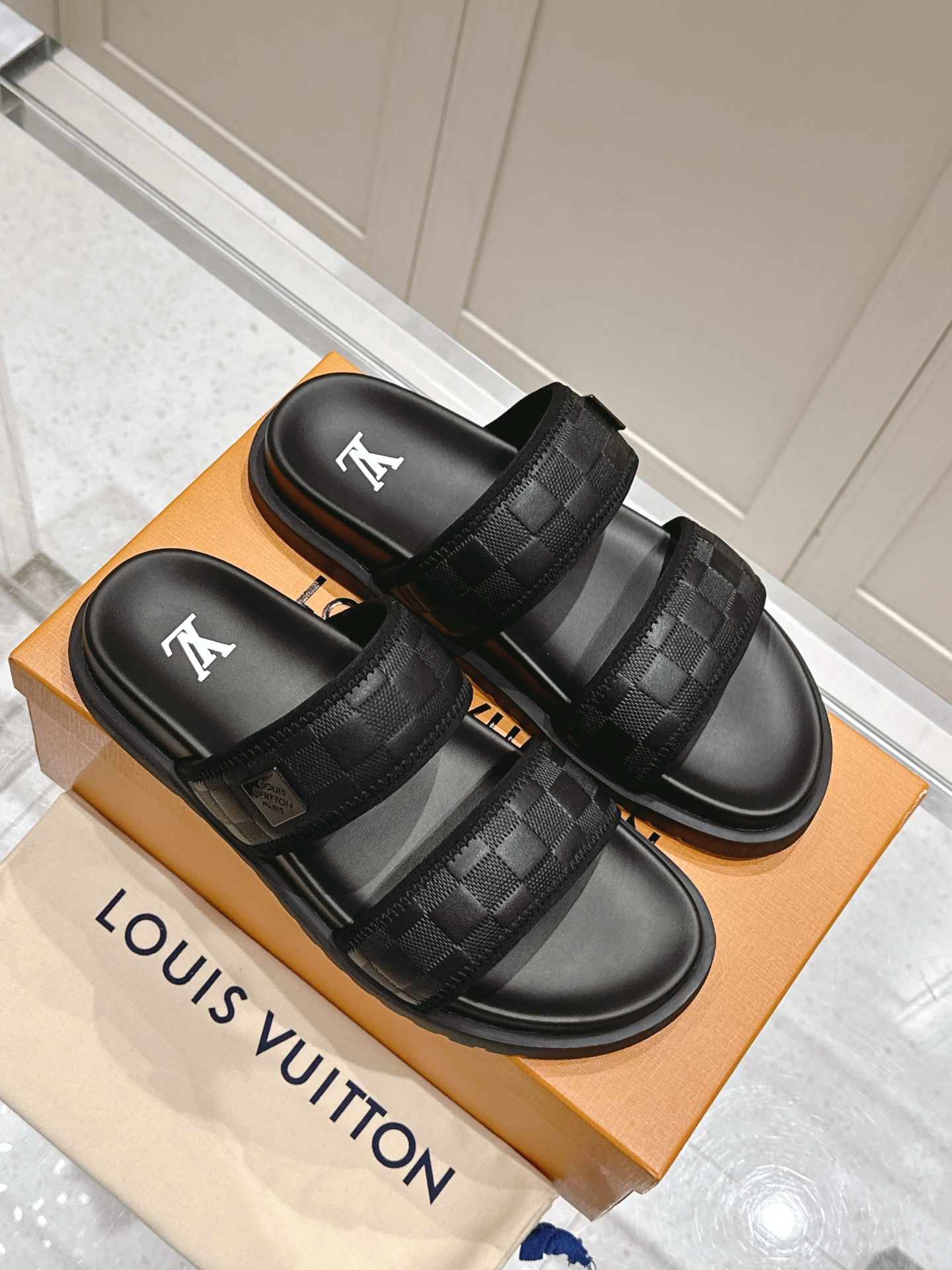Louis Vuitton Black Monogram Double Strap Sandals