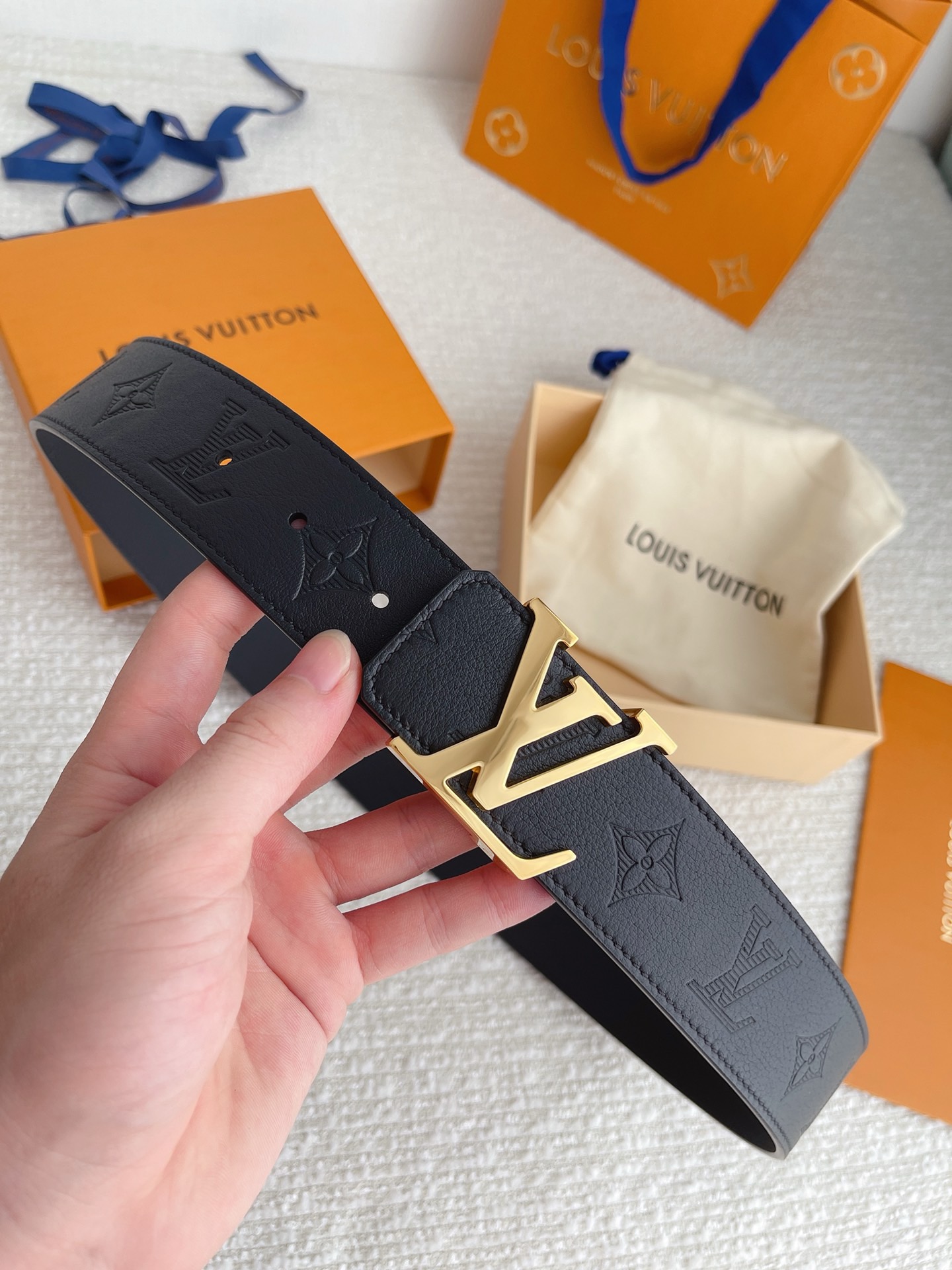 Louis Vuitton Black Monogram Embossed Leather Belt with Gold LV Buckle