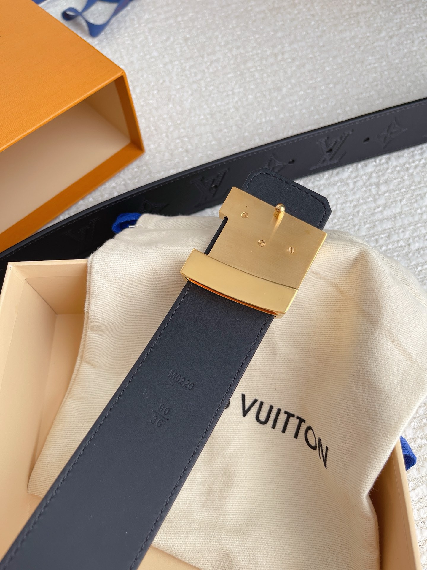 Louis Vuitton Black Monogram Embossed Leather Belt with Gold LV Buckle