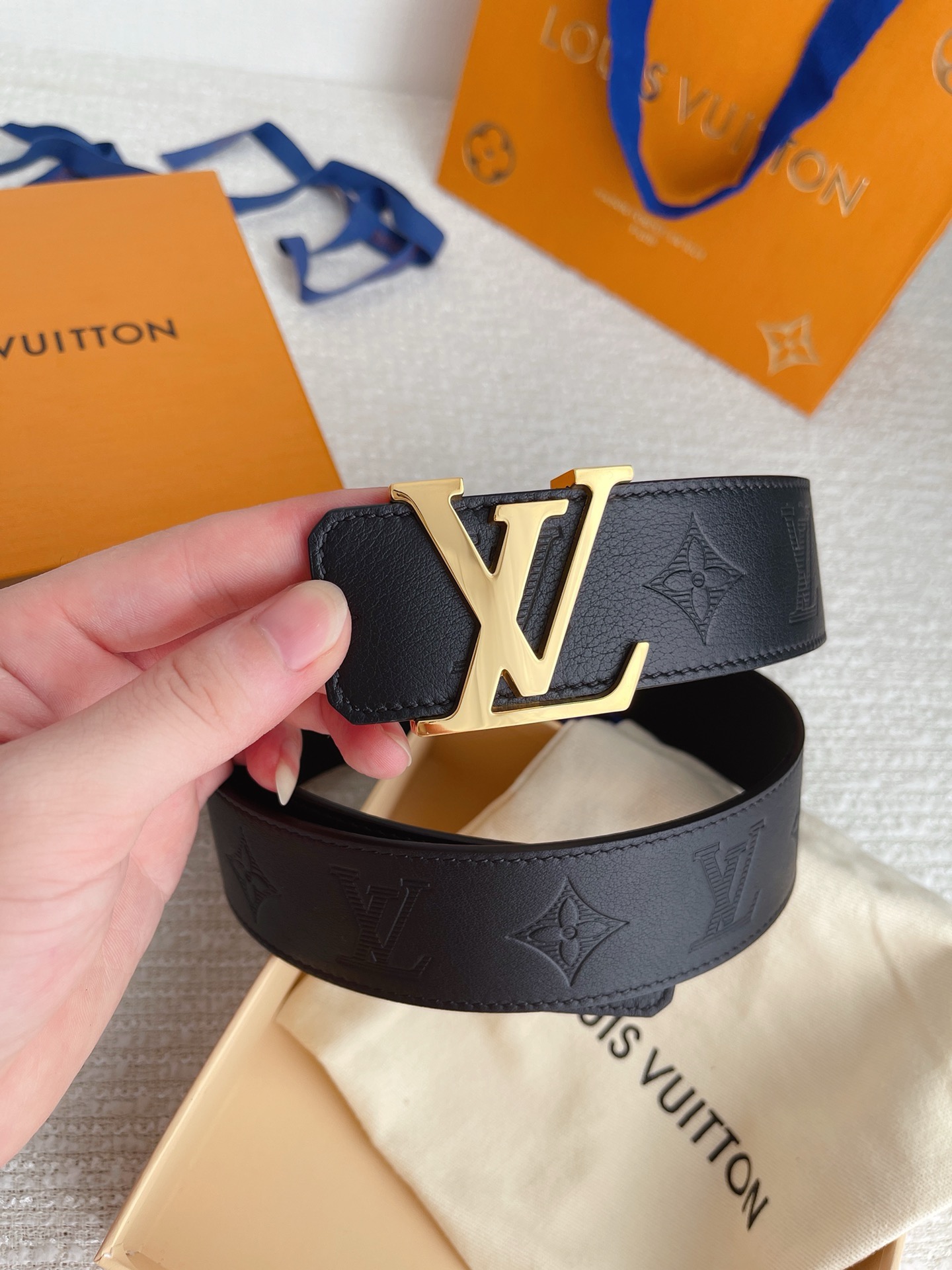 Louis Vuitton Black Monogram Embossed Leather Belt with Gold LV Buckle