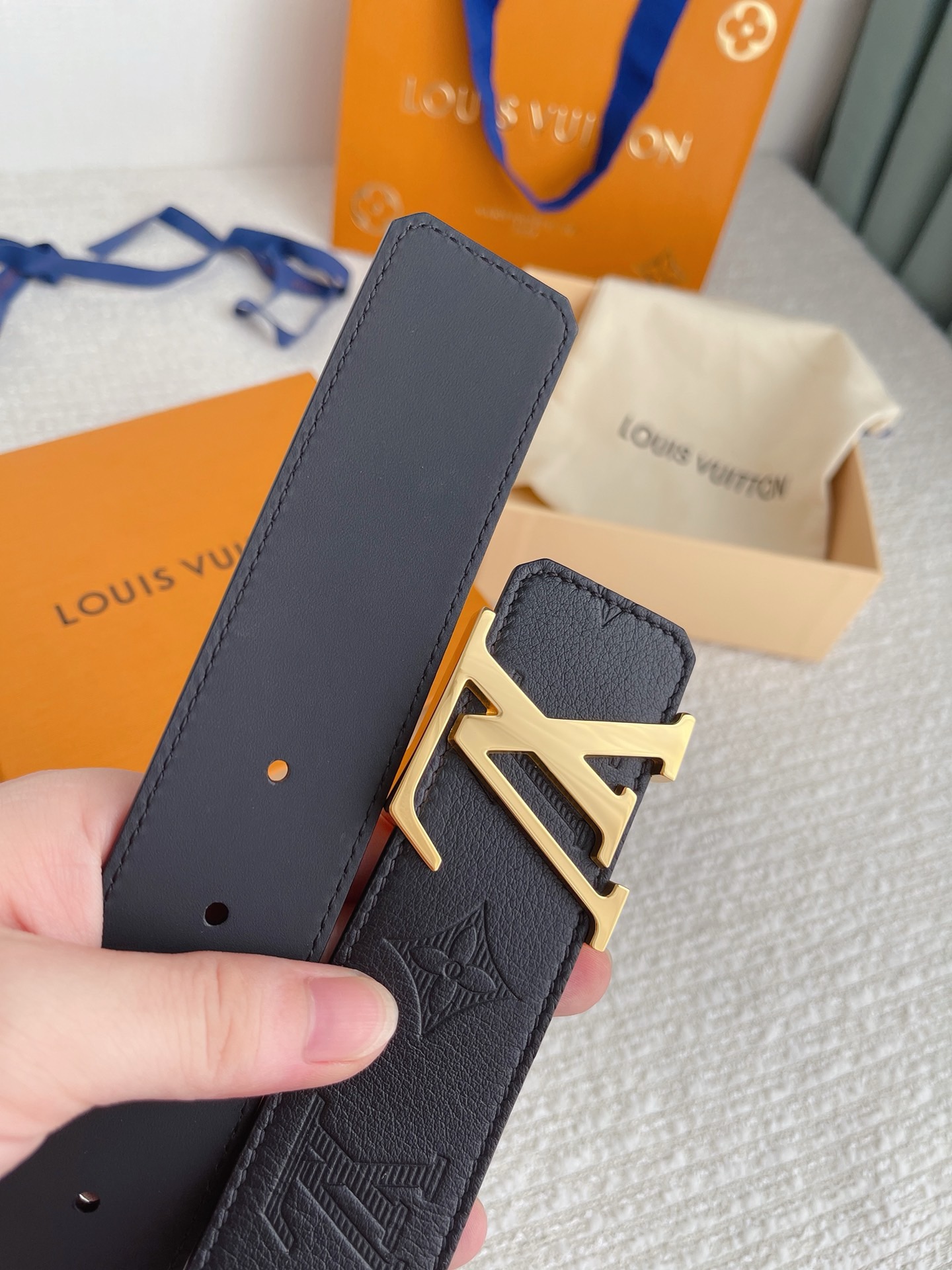 Louis Vuitton Black Monogram Embossed Leather Belt with Gold LV Buckle