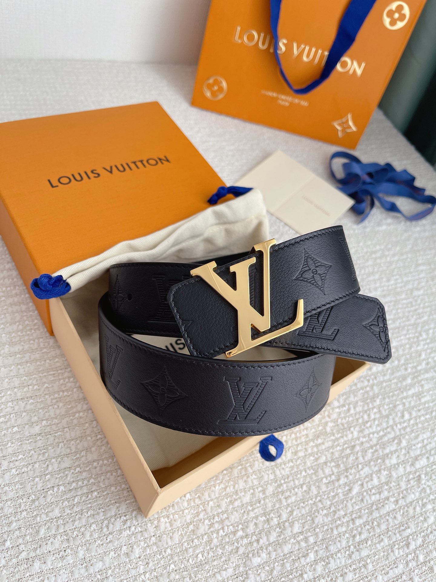 Louis Vuitton Black Monogram Embossed Leather Belt with Gold LV Buckle
