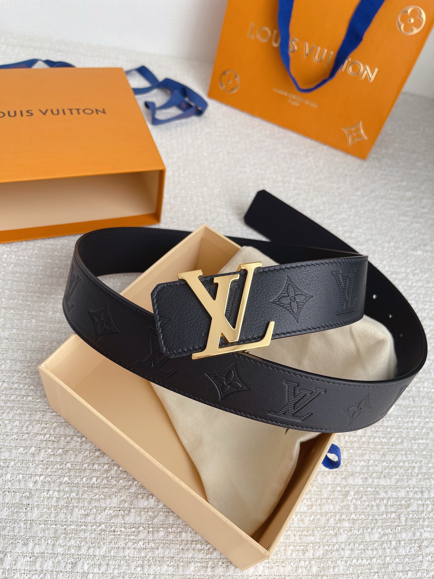 Louis Vuitton Black Monogram Embossed Leather Belt with Gold LV Buckle