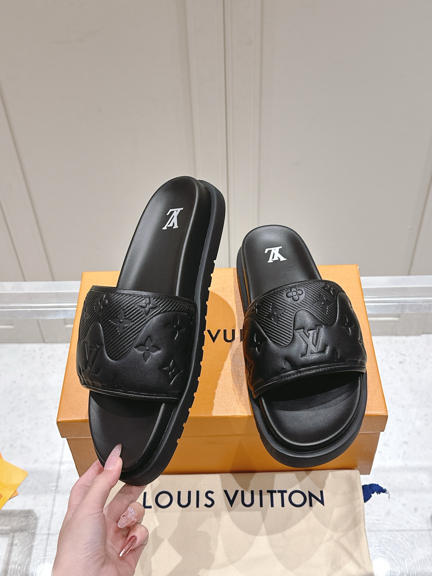 Louis Vuitton Black Monogram Embossed Leather Slide Sandals