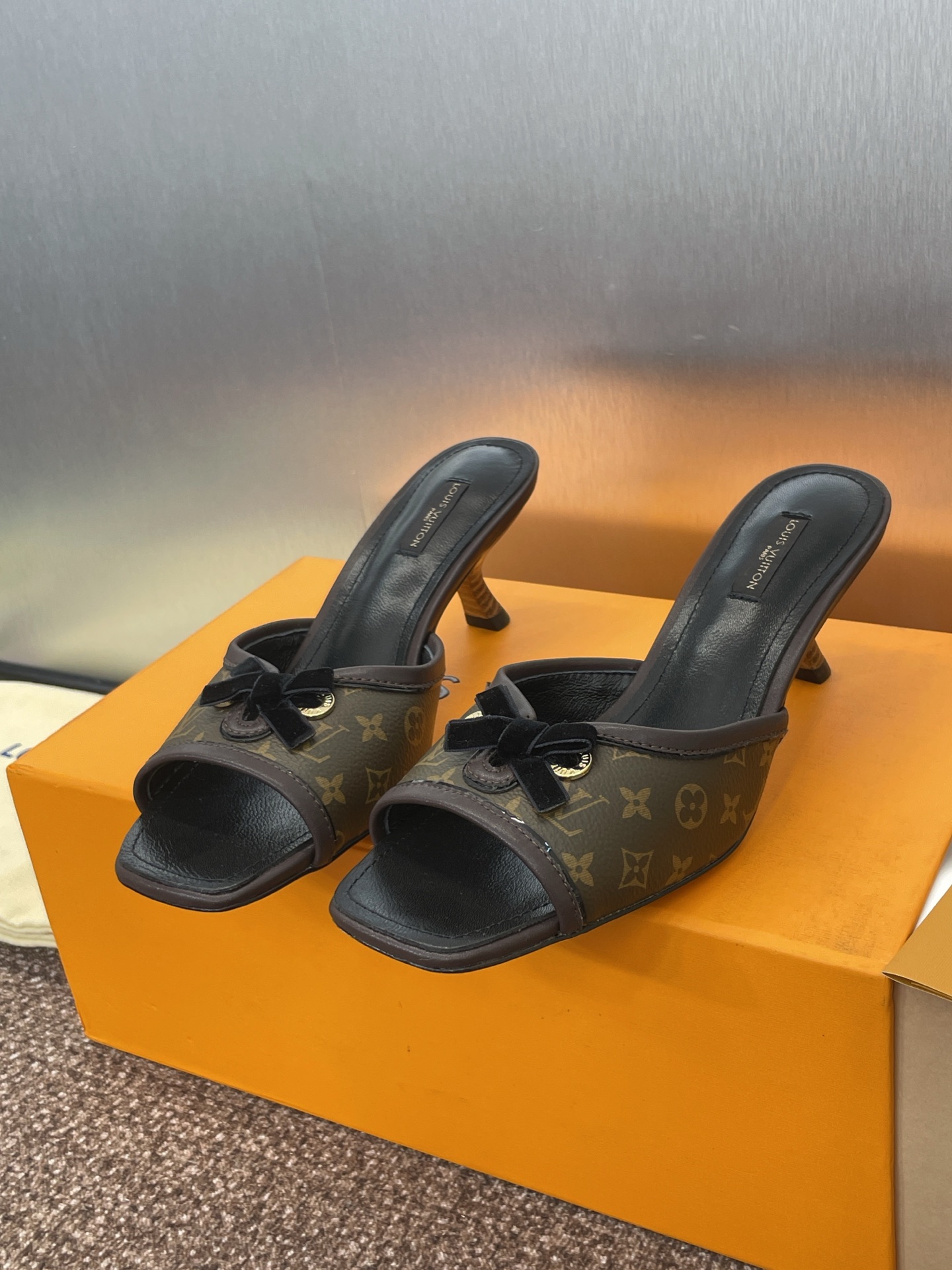 Louis Vuitton Black Monogram Heeled Sandals with Bow