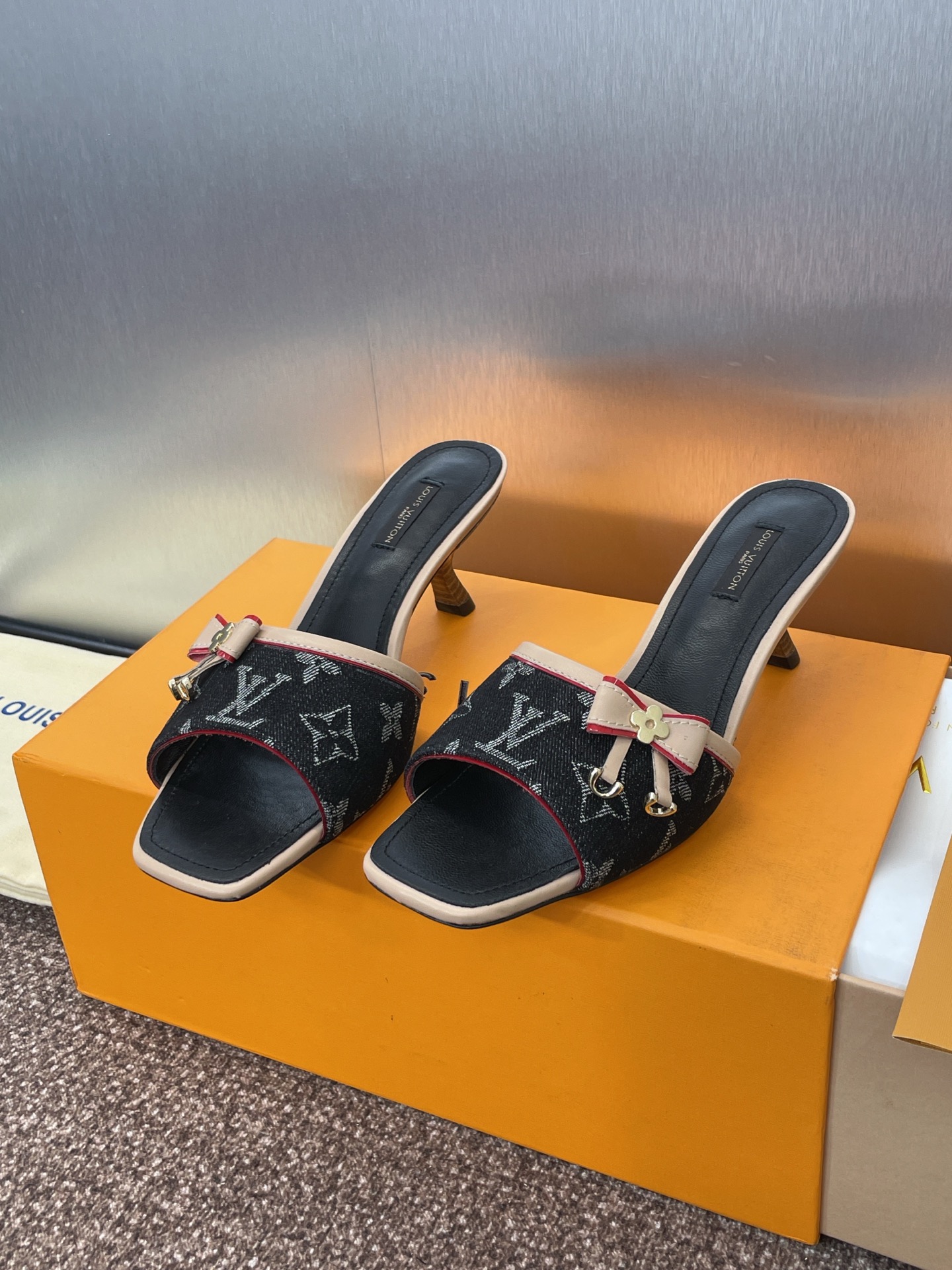 Louis Vuitton Black Monogram Heeled Sandals with Bow Detail