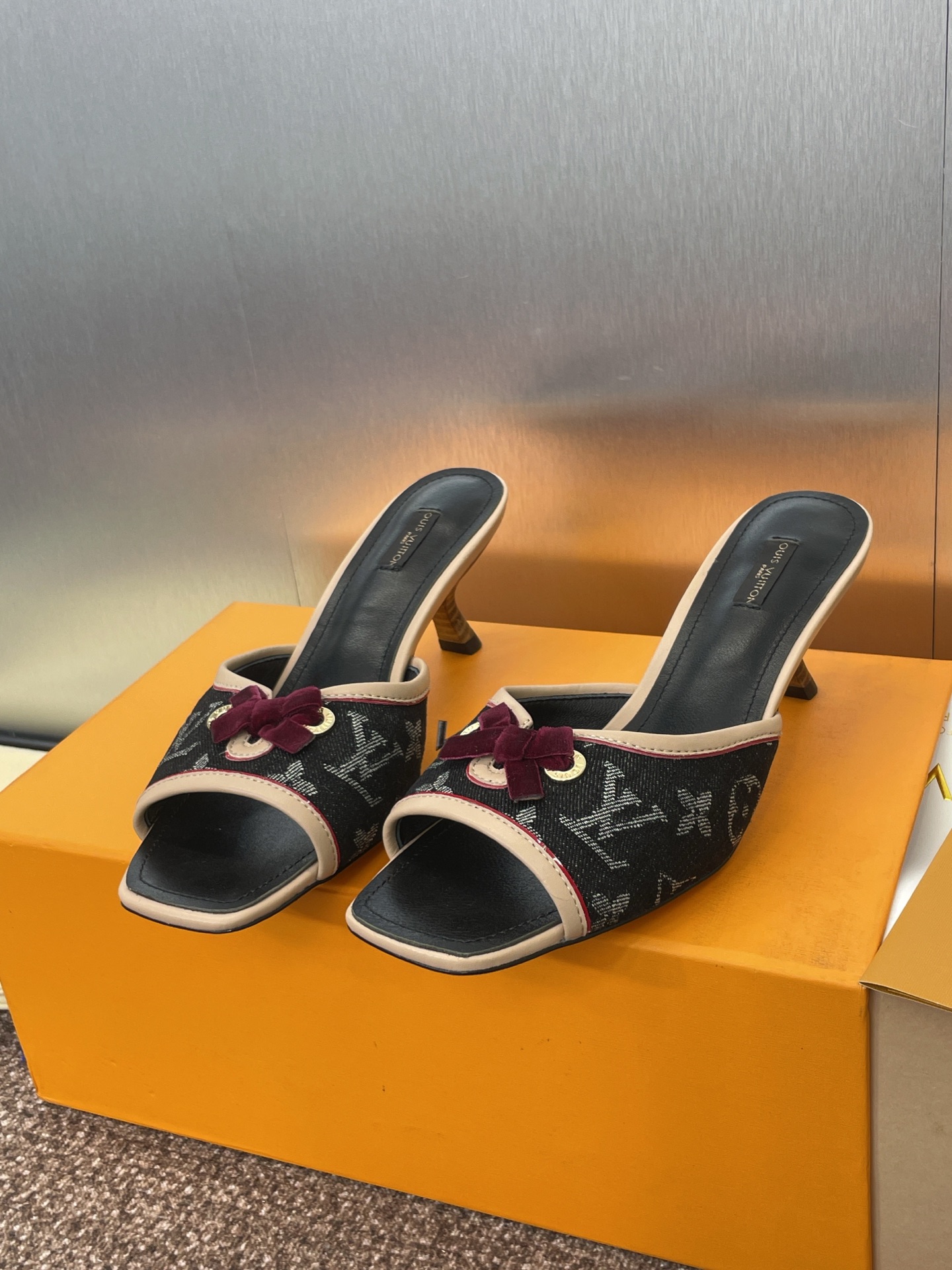 Louis Vuitton Black Monogram Heeled Sandals with Red Bow