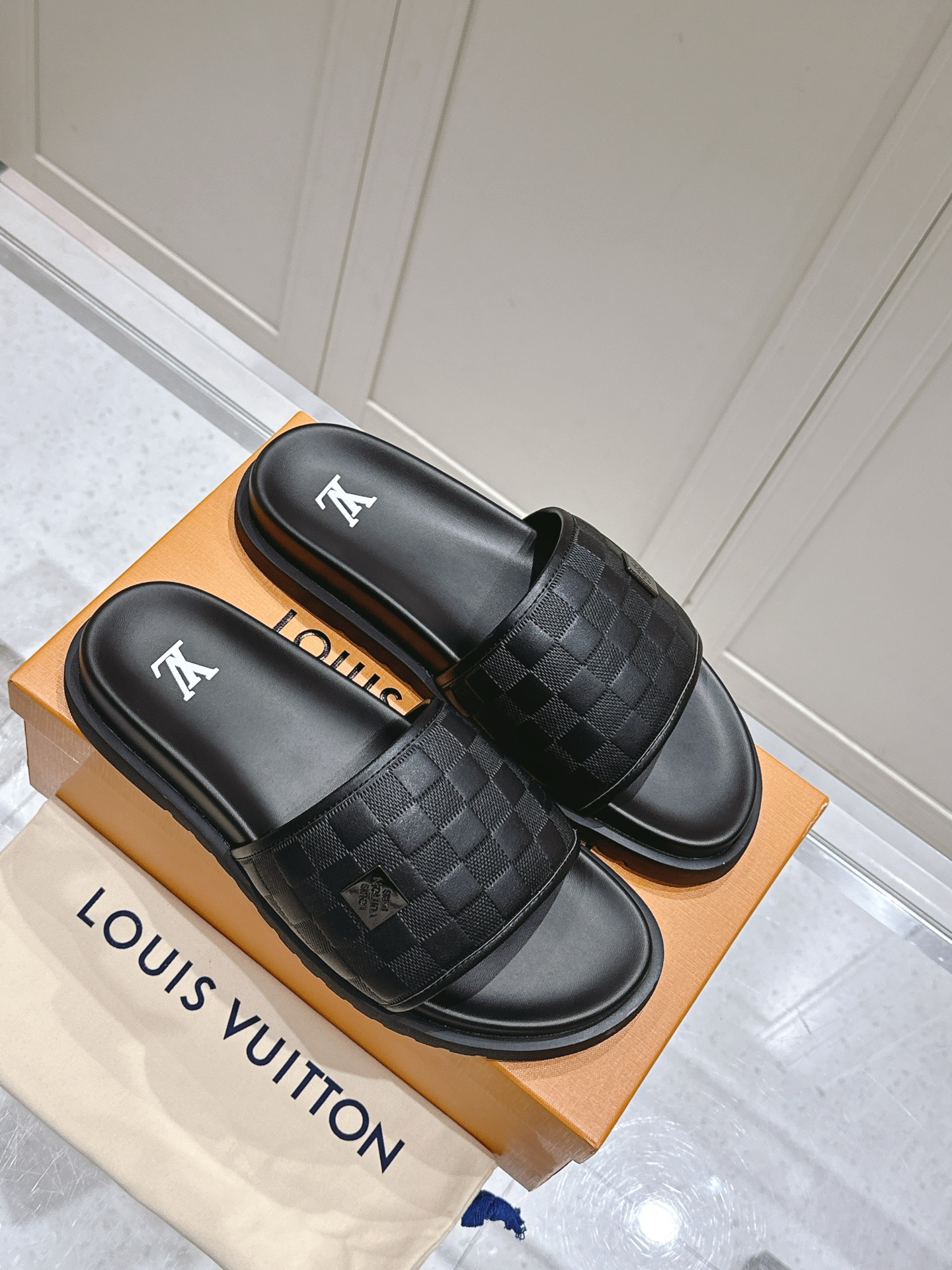 Louis Vuitton Black Monogram Leather Slide Sandals â€“ Soft Leather Comfort Design