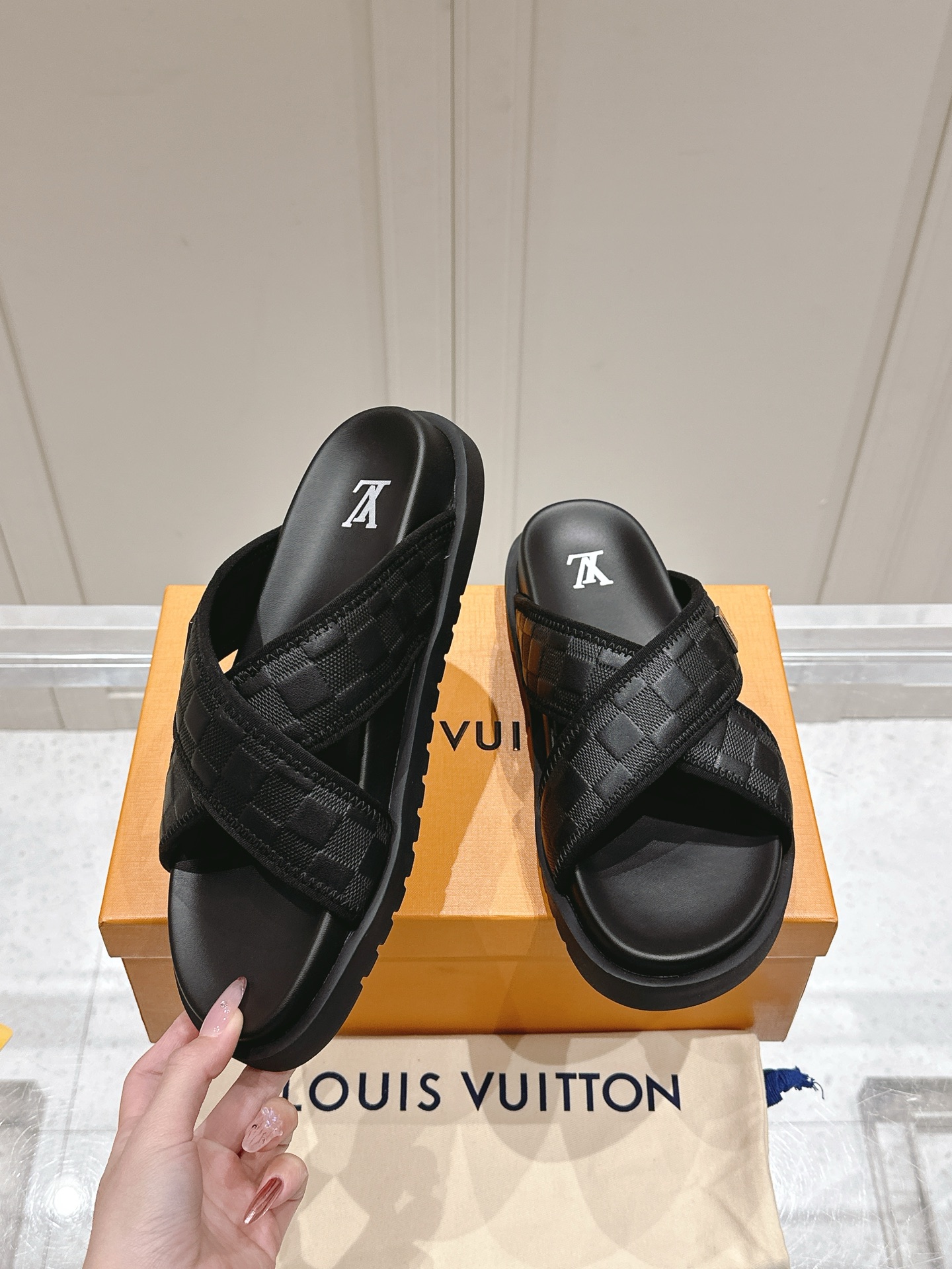 Louis Vuitton Black Monogram Leather Slide Sandals for Men