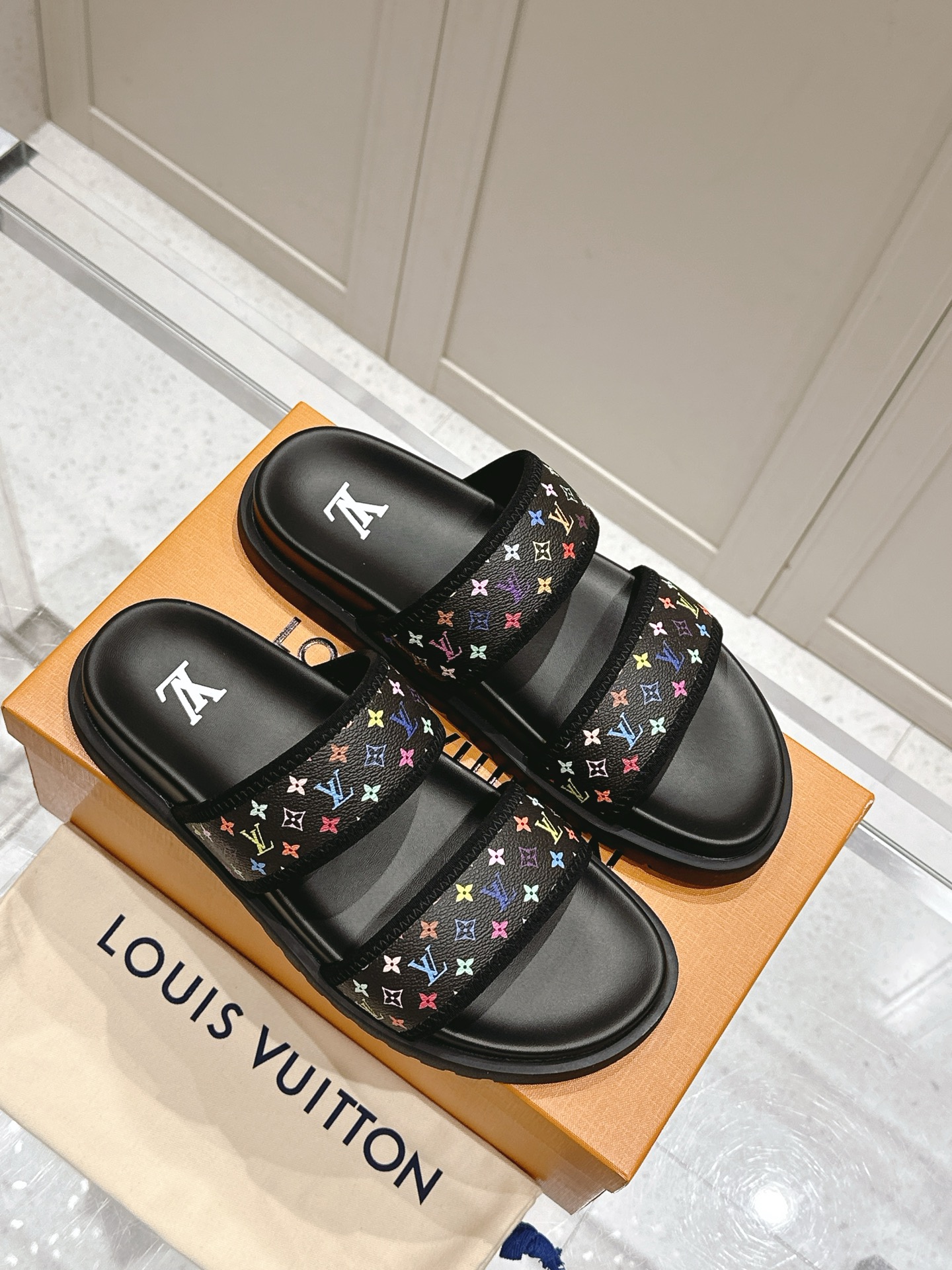 Louis Vuitton Black Monogram Multi-Color Double Strap Slides