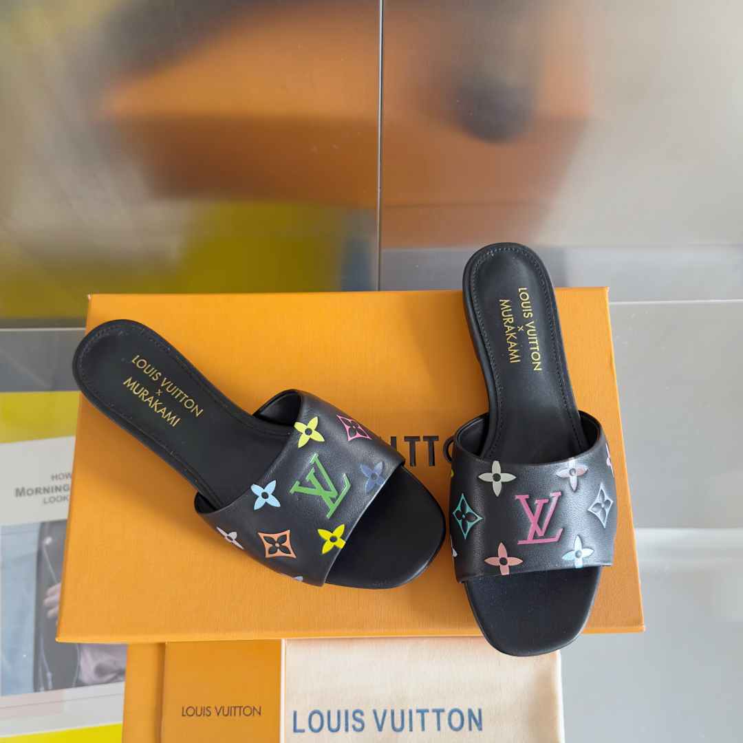 Louis Vuitton Black Monogram Multicolor Slide Sandals