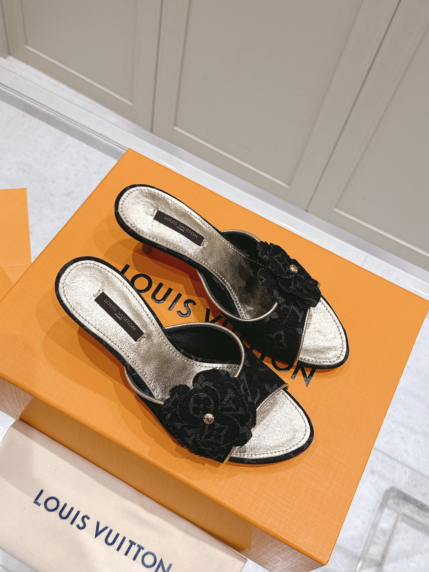 Louis Vuitton black monogram slide sandals for women