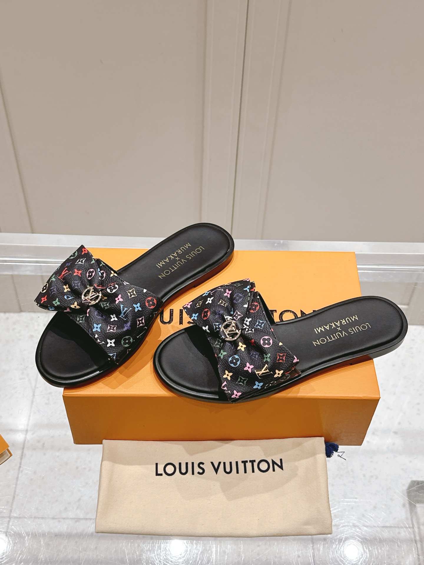 Louis Vuitton Black Monogram Slide Sandals with Bow Accent