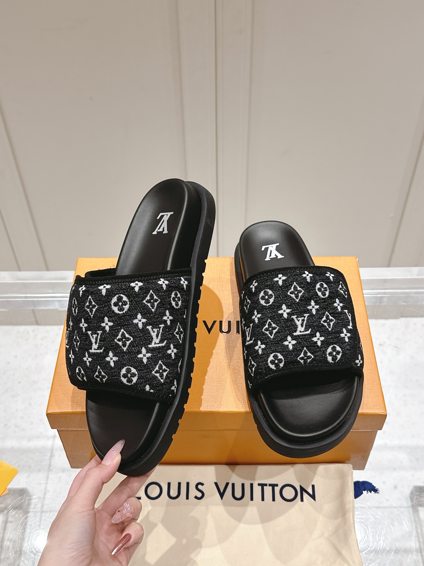Louis Vuitton Black Monogram Slides Men