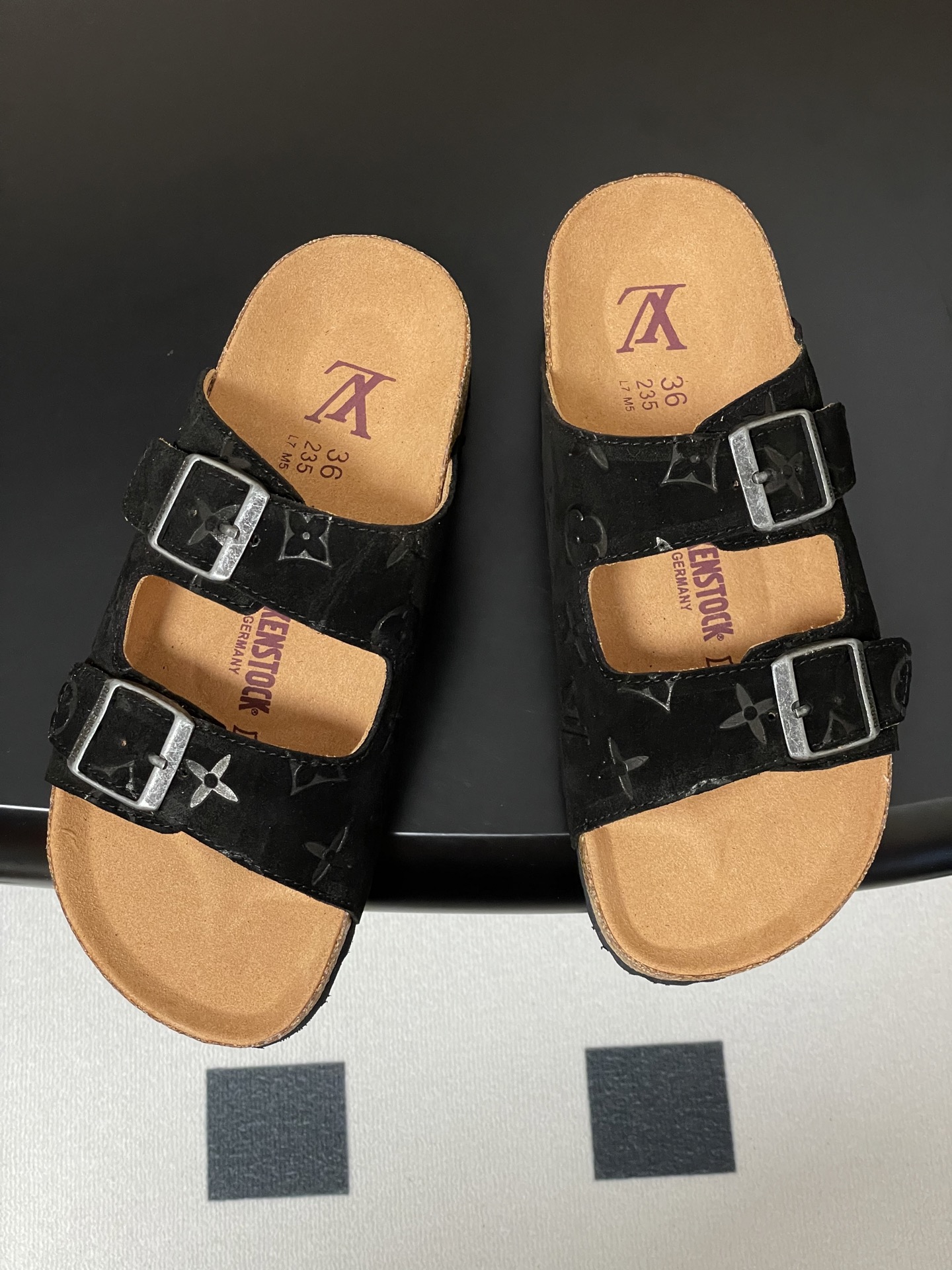 Louis Vuitton Black Monogram Suede Sandals with Double Buckle
