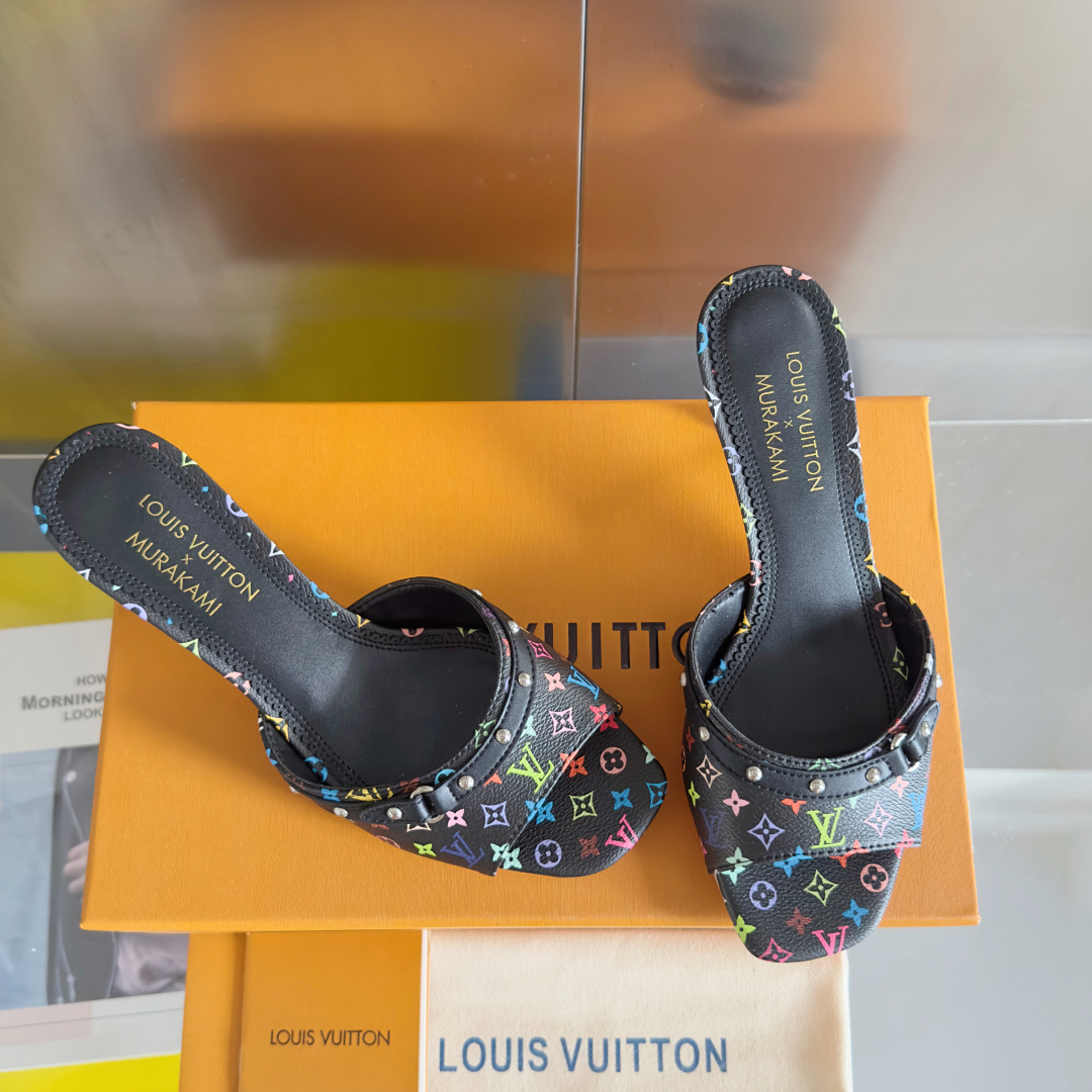 Louis Vuitton Black Multicolor Monogram High Heel Slides