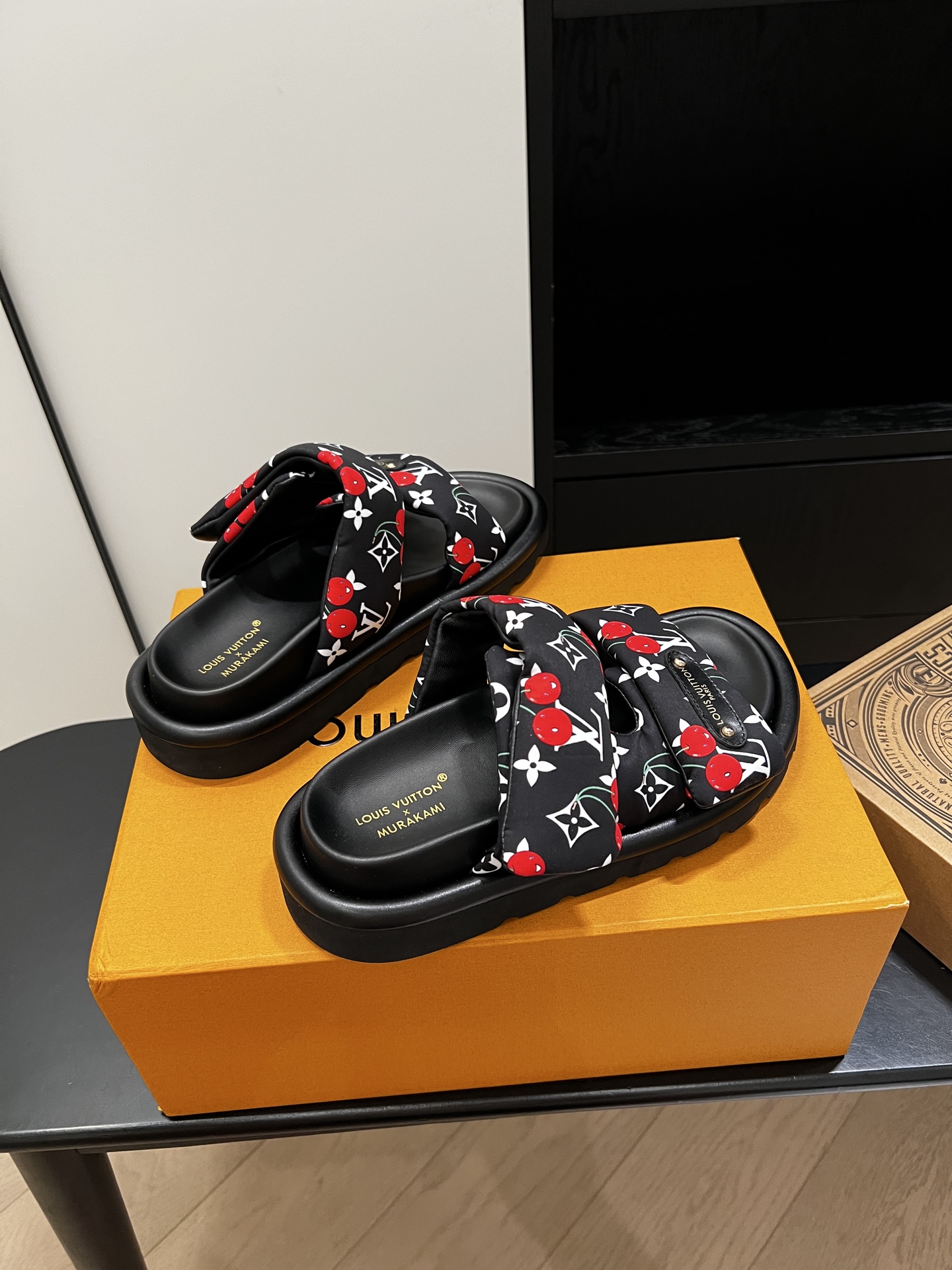 Louis Vuitton Black Red Monogram Women Slides