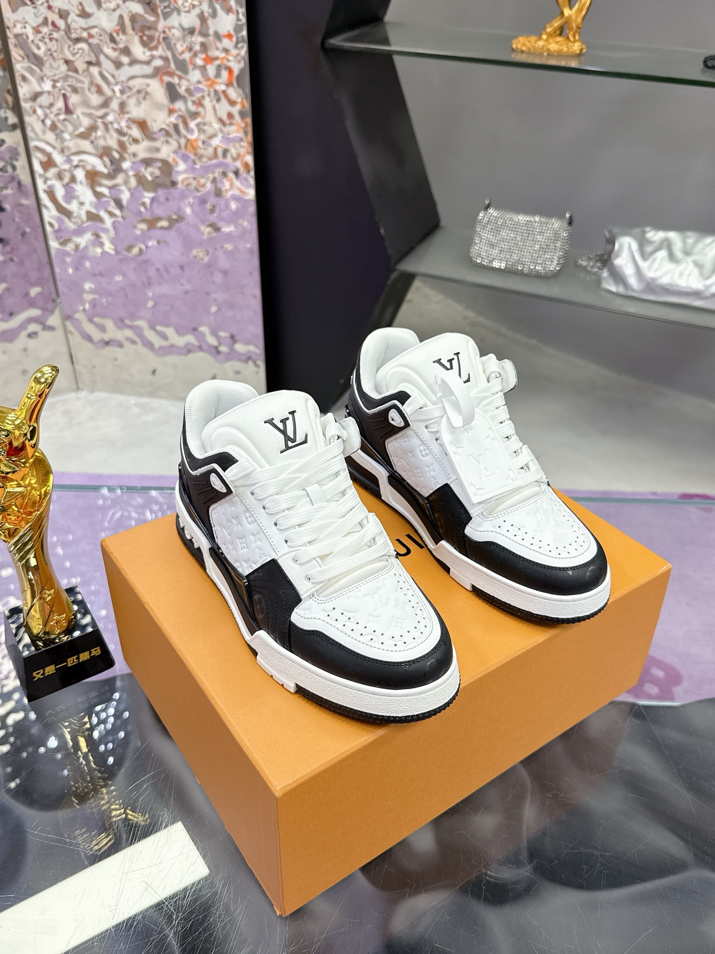 Louis Vuitton Black White Monogram LV Trainer Sneakers