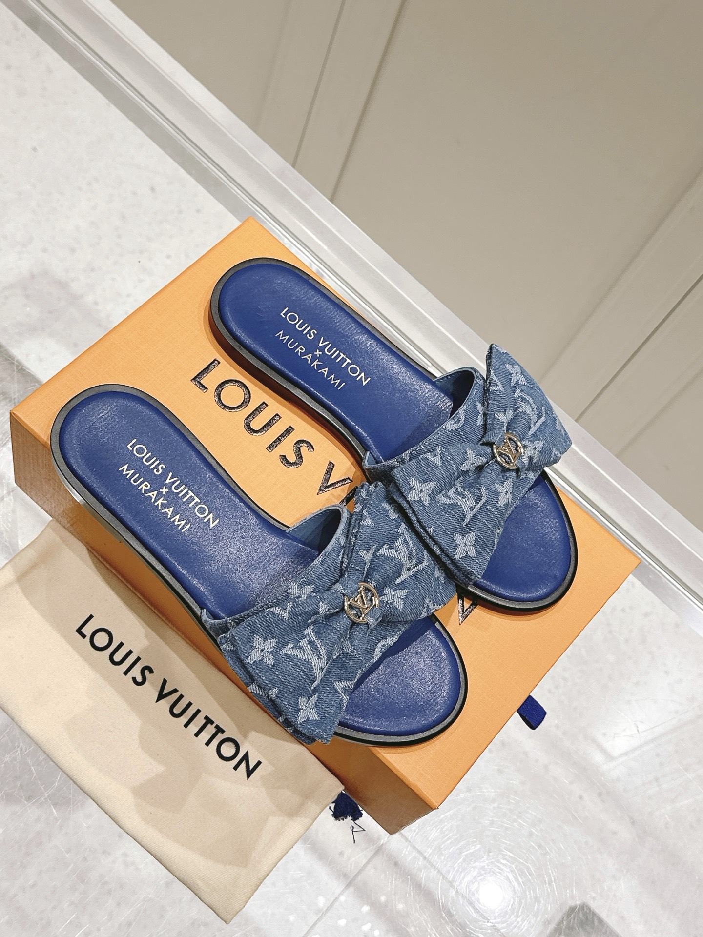 Louis Vuitton Blue Denim Bow Slide Sandals