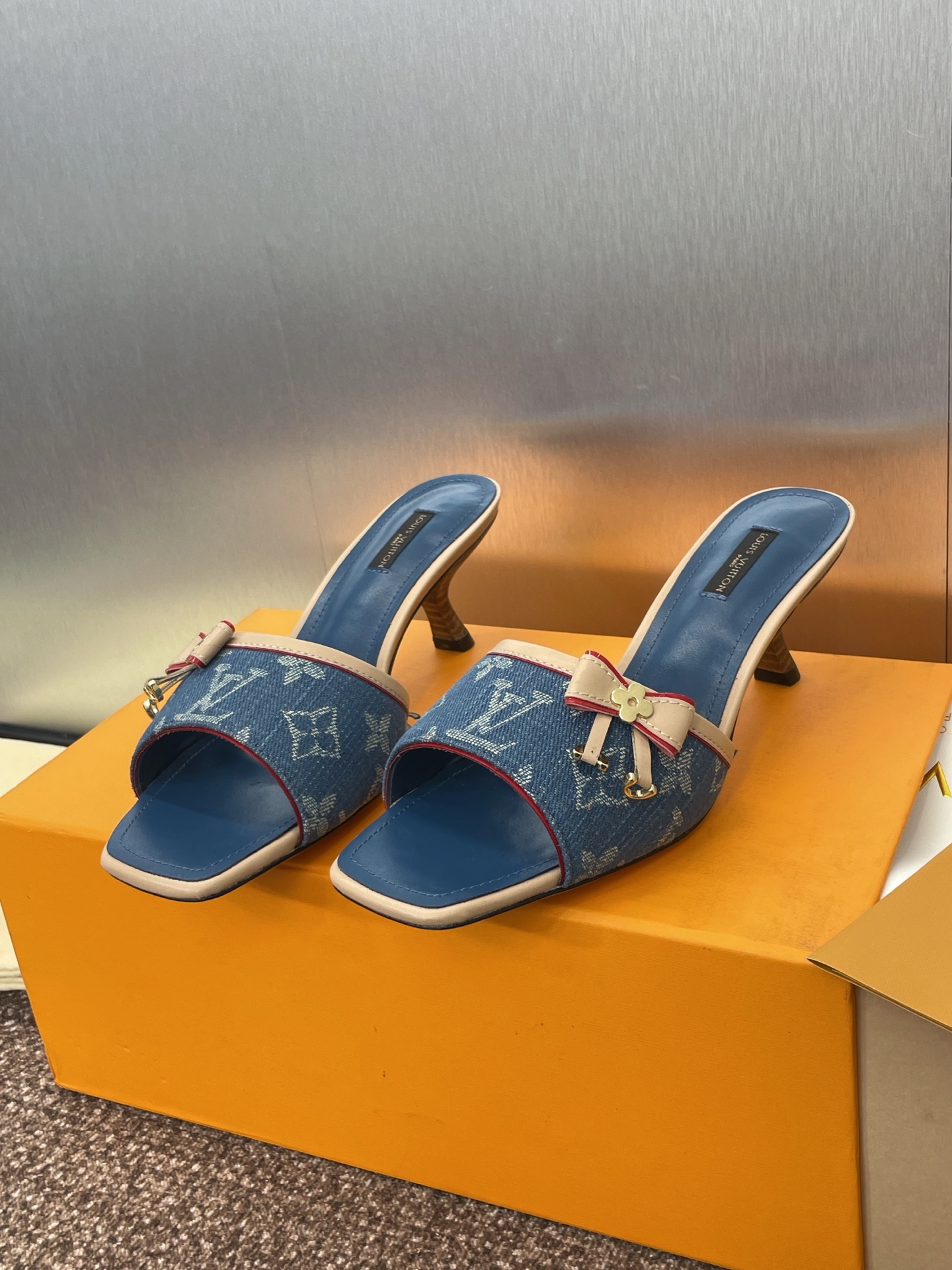 Louis Vuitton Blue Denim Heeled Sandals with Bow