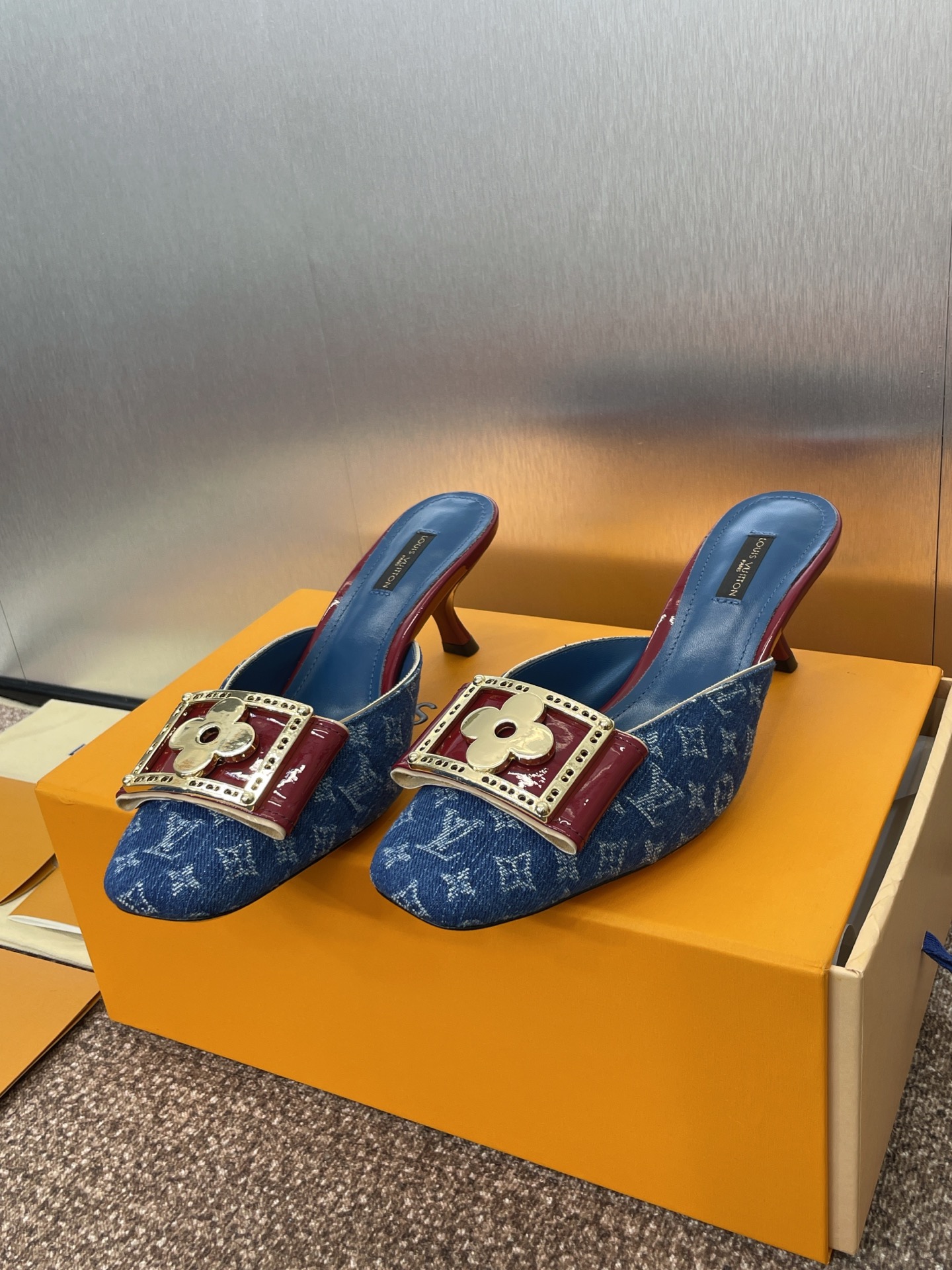 Louis Vuitton Blue Denim Heeled Sandals with Red Strap and Gold Buckle