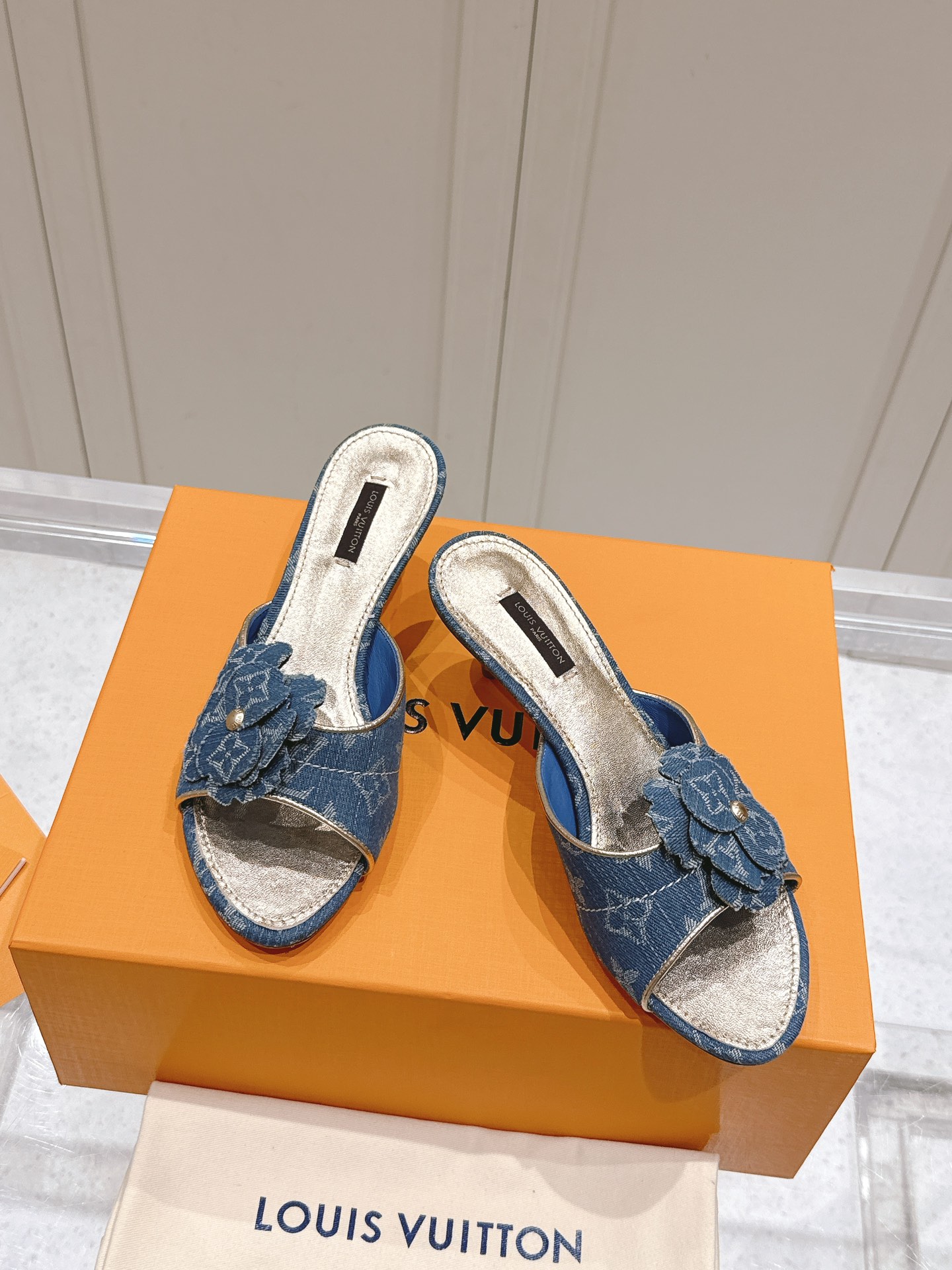 Louis Vuitton blue denim monogram slide sandals for women