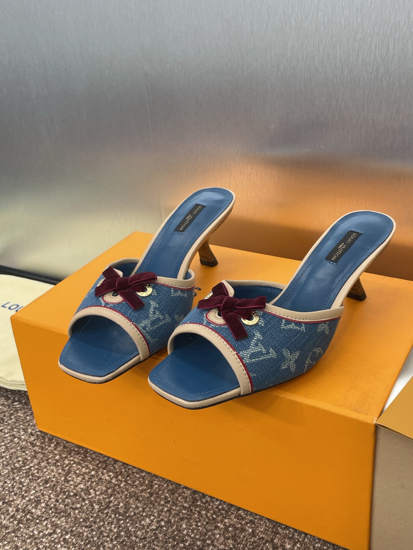 Louis Vuitton Blue Monogram Denim Heeled Sandals with Red Bow