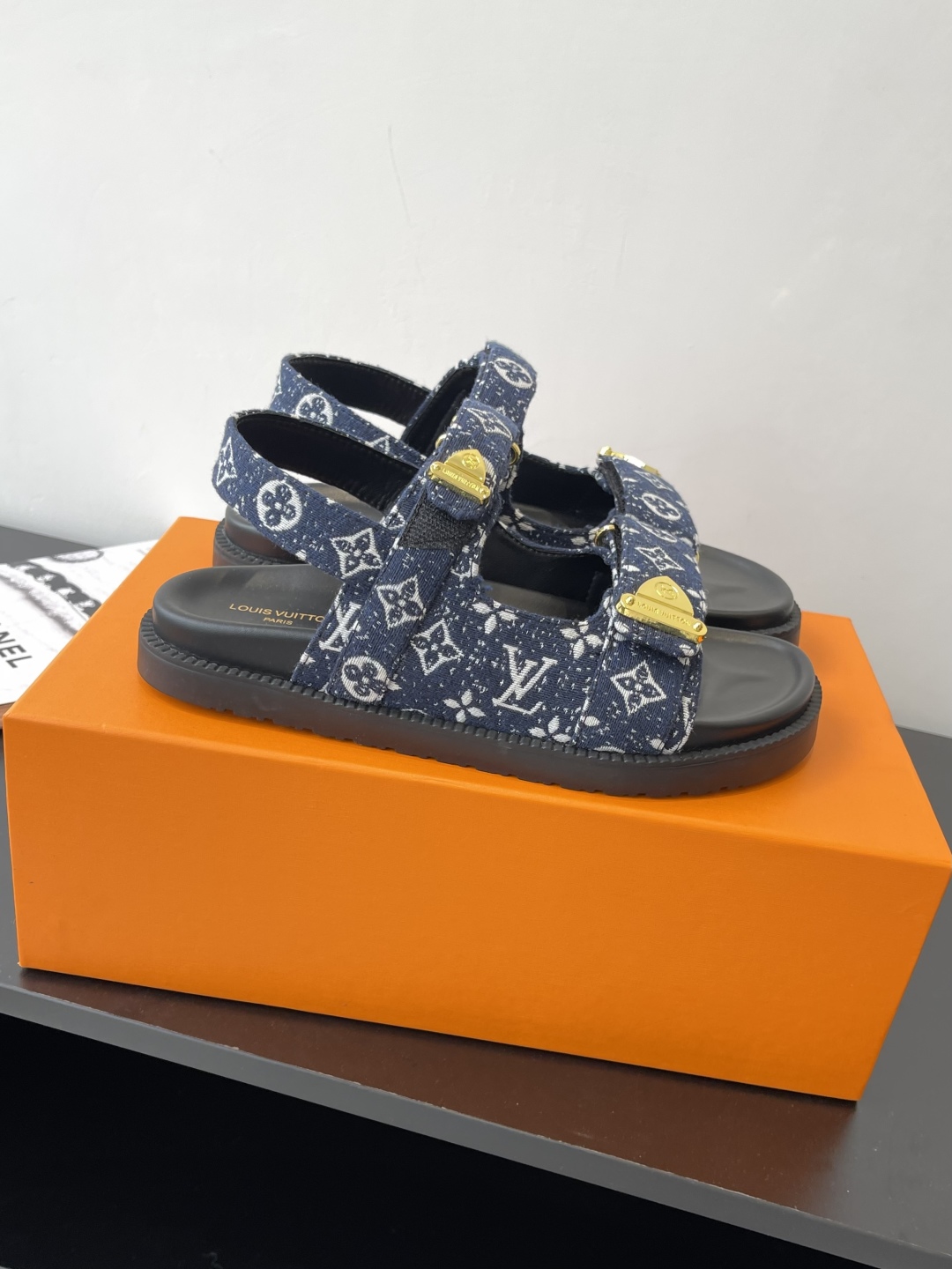 Louis Vuitton Blue Monogram Denim Sandals With Gold Accents