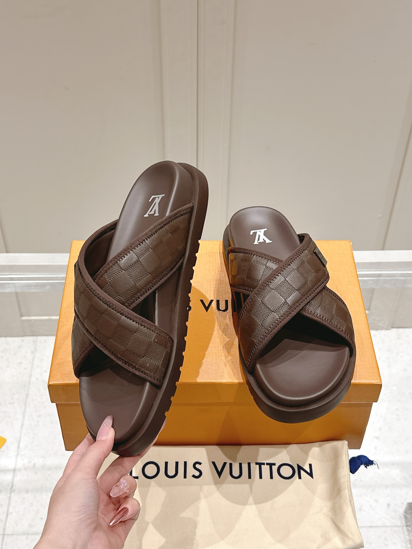 Louis Vuitton Brown Damier Cross Strap Sandals