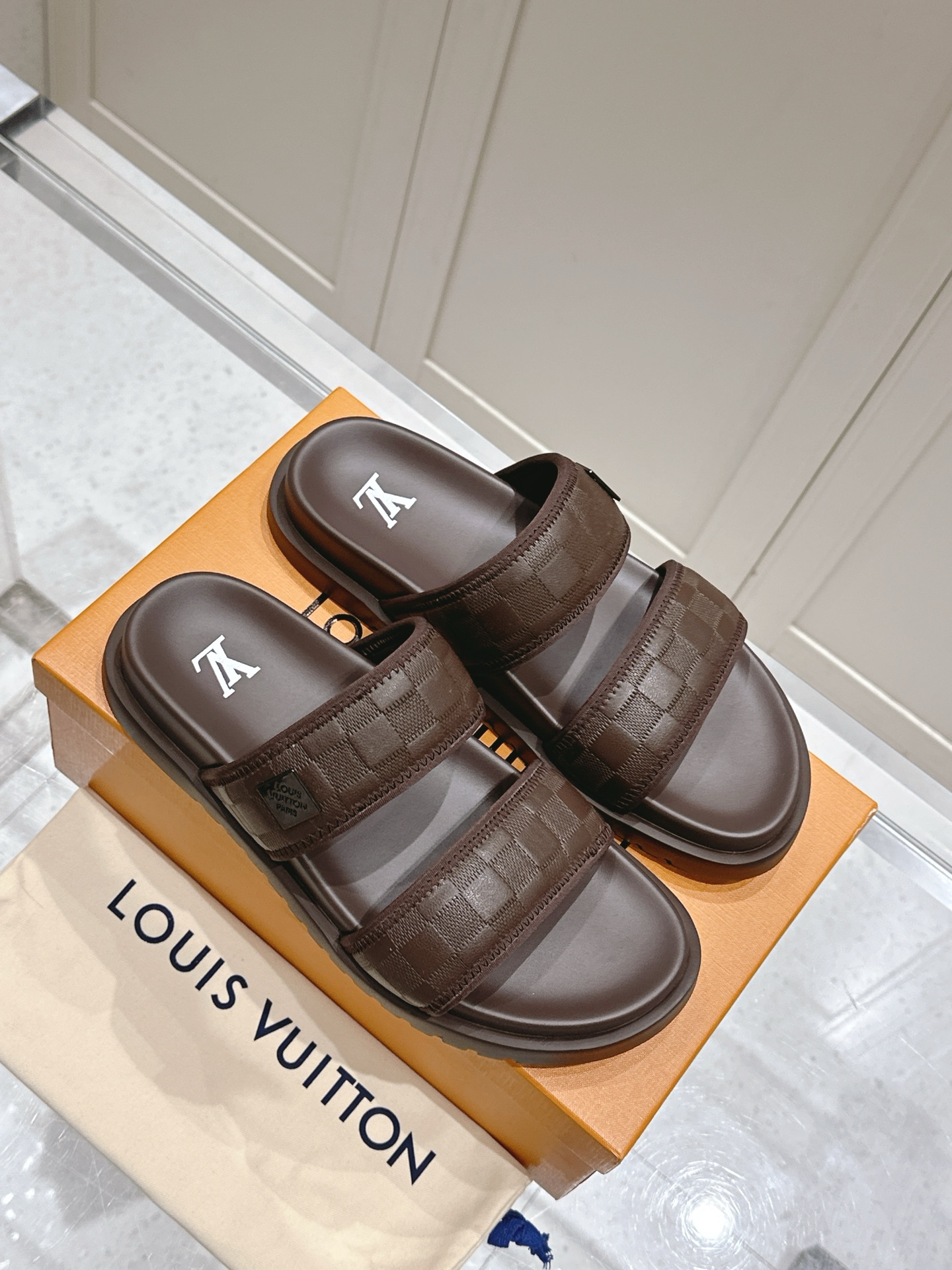 Louis Vuitton Brown Monogram Leather Double Strap Slides