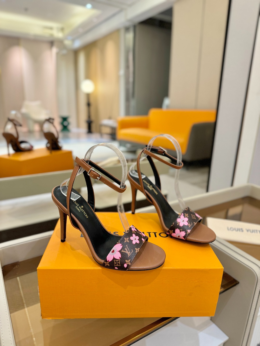 Louis Vuitton brown pink monogram high heel sandals for women