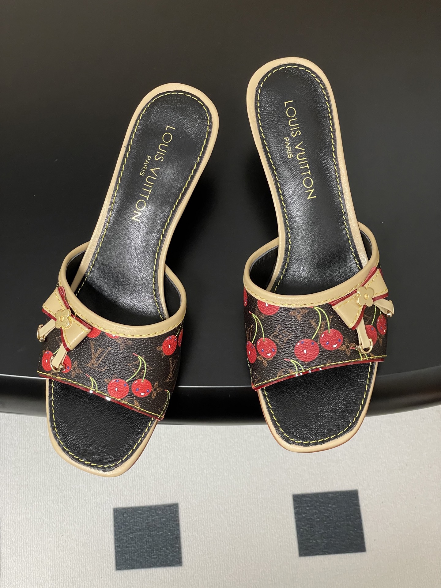 Louis Vuitton Cherry Print Bow Slide Heeled Sandals