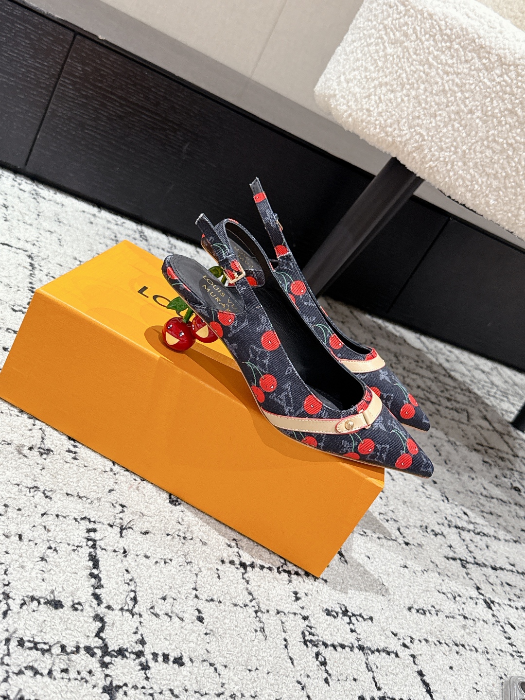 Louis Vuitton Cherry Print Slingback Pumps in Navy Blue