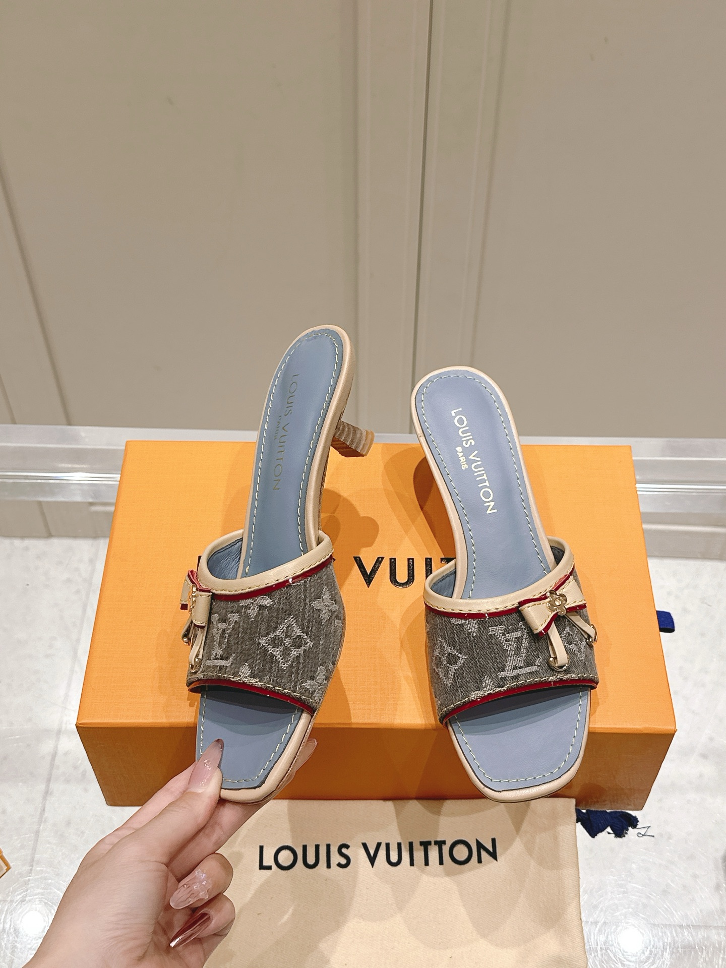 Louis Vuitton  Denim Monogram Mules Peep Toe Heels