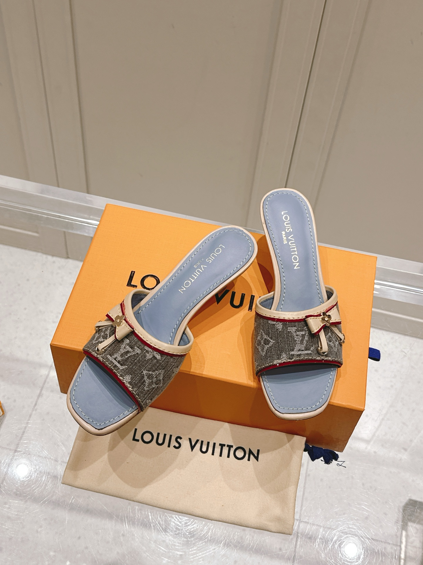 Louis Vuitton  Denim Monogram Mules Peep Toe Heels