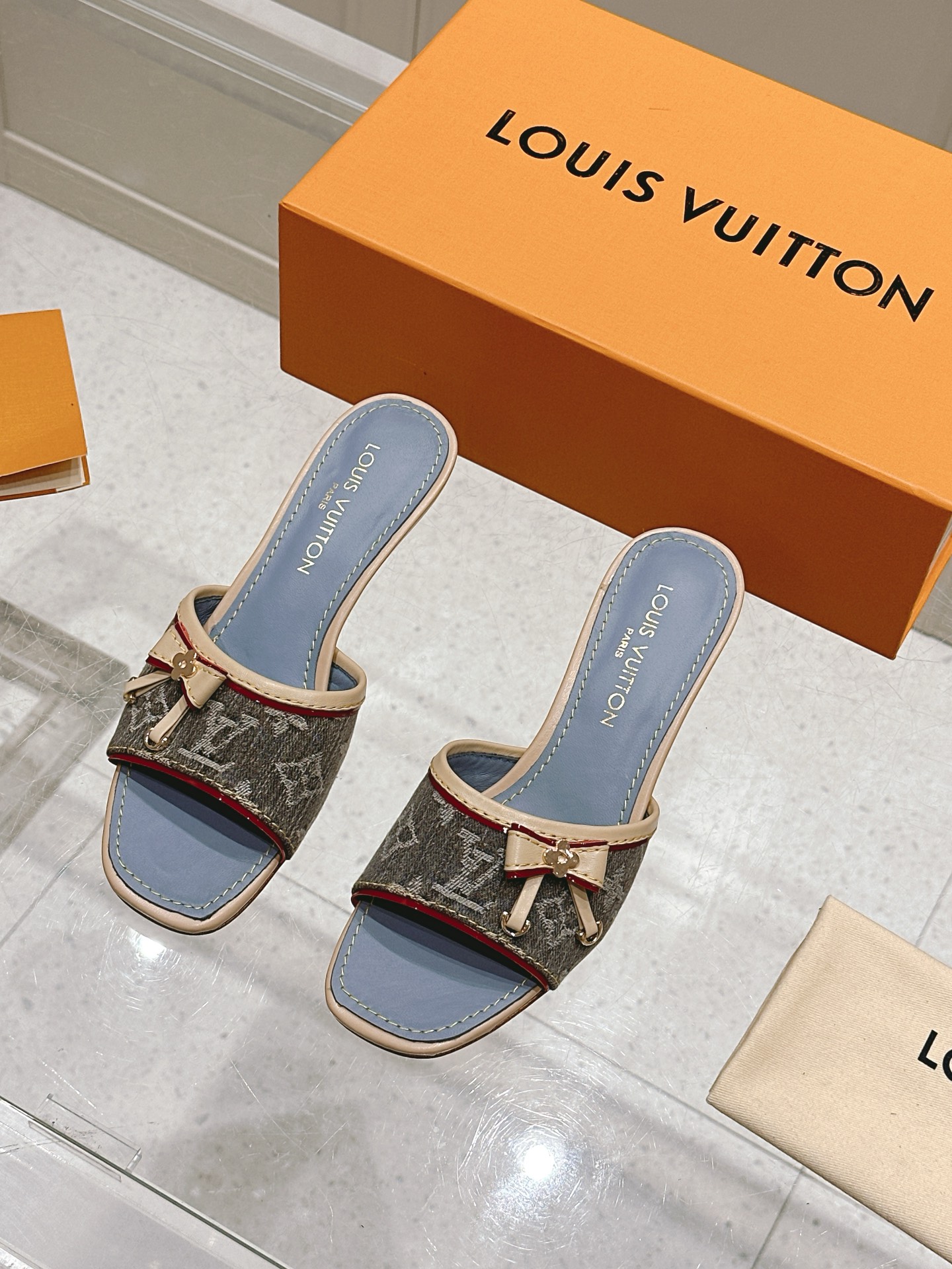 Louis Vuitton  Denim Monogram Mules Peep Toe Heels