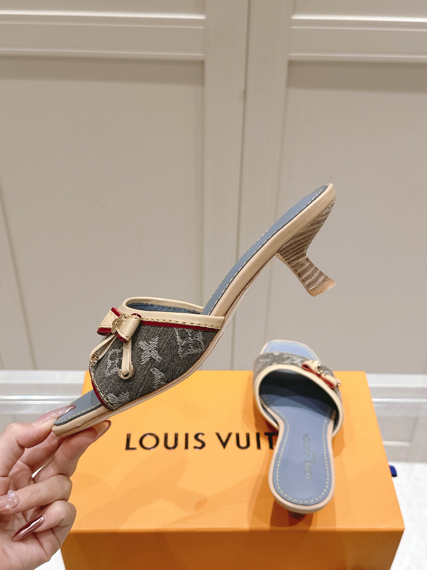 Louis Vuitton  Denim Monogram Mules Peep Toe Heels