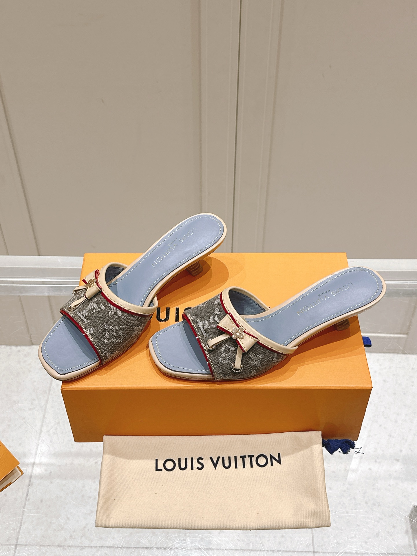 Louis Vuitton  Denim Monogram Mules Peep Toe Heels